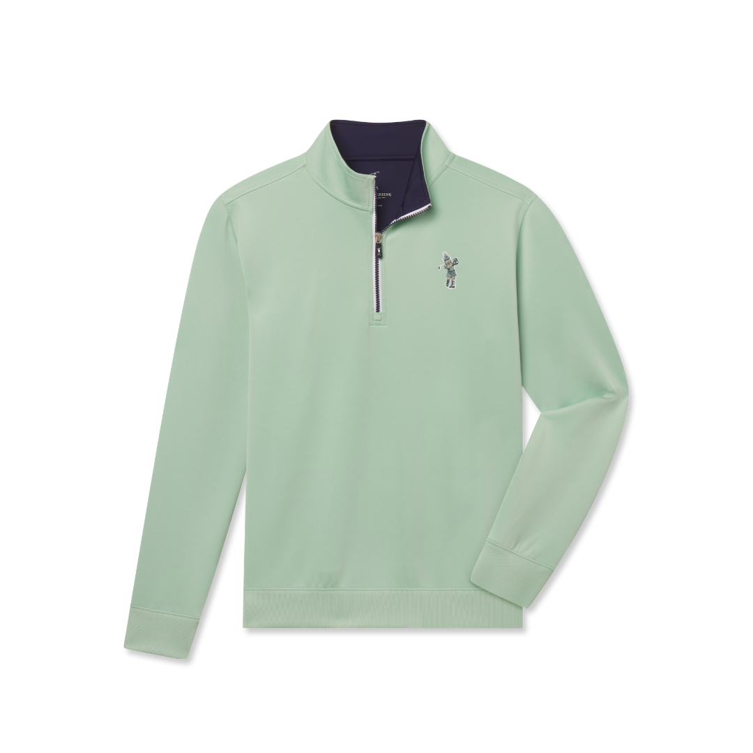 Light green quarter-zip pullover with blue accents around the zipper and inner lining of collar. Embroidered on left chest is Sparty Golf logo.