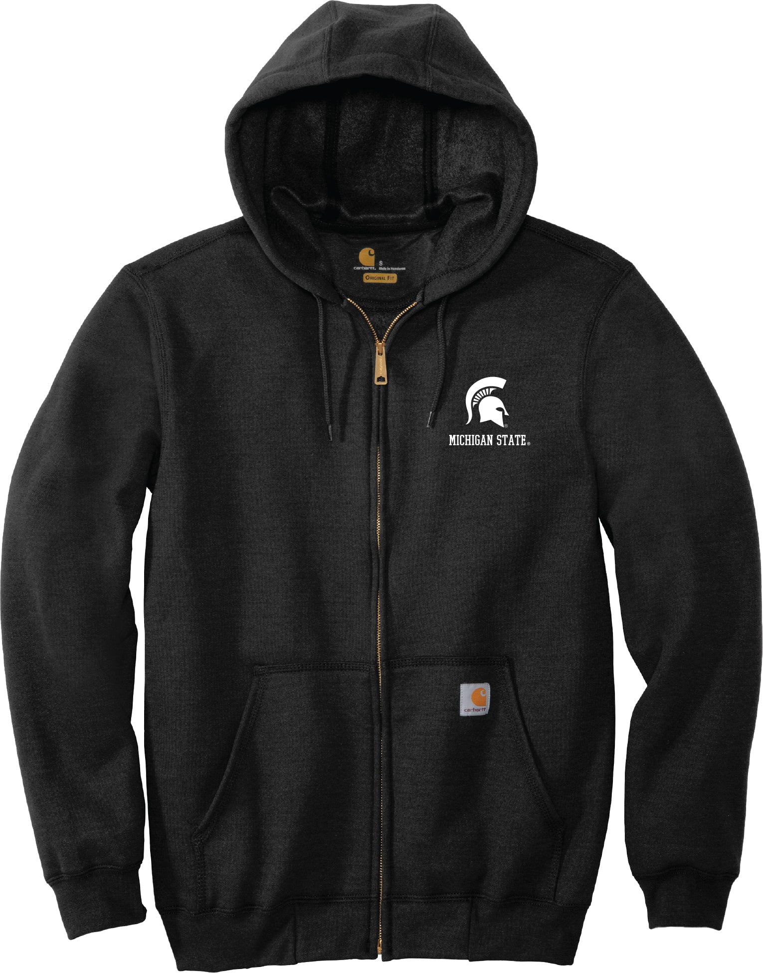 A black full-zip jacket with a white Michigan State wordmark and Spartan helmet logo on the upper left chest.