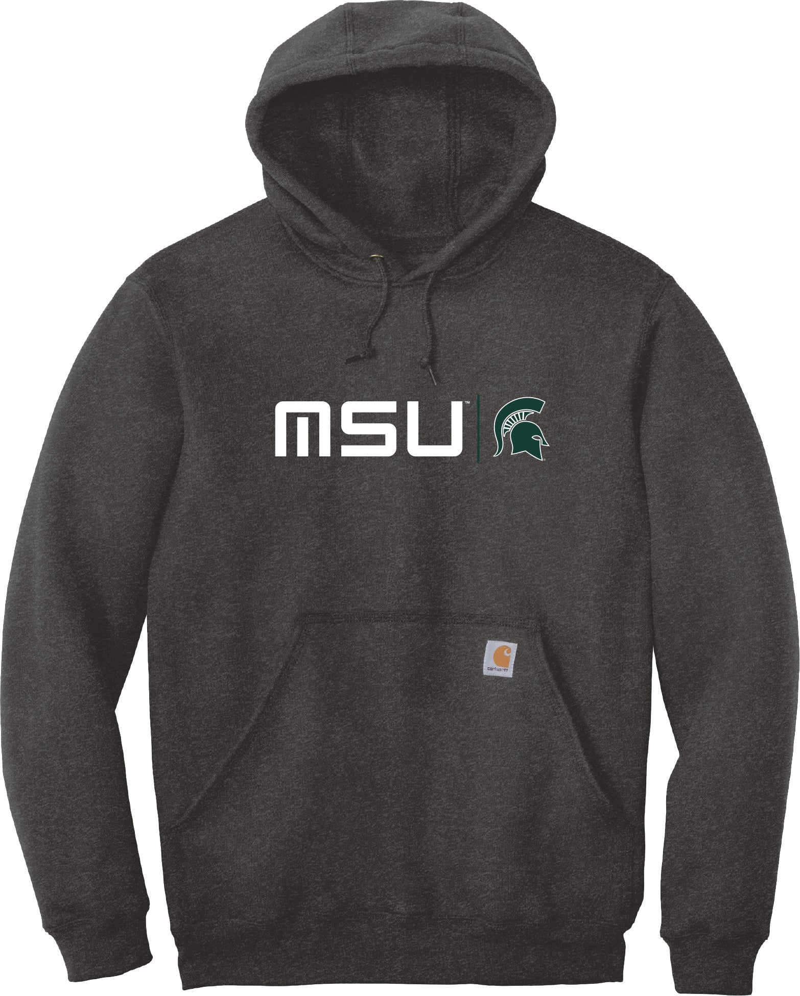 A charcoal gray sweatshirt with a white MSU wordmark and a green Spartan helmet logo on the chest.