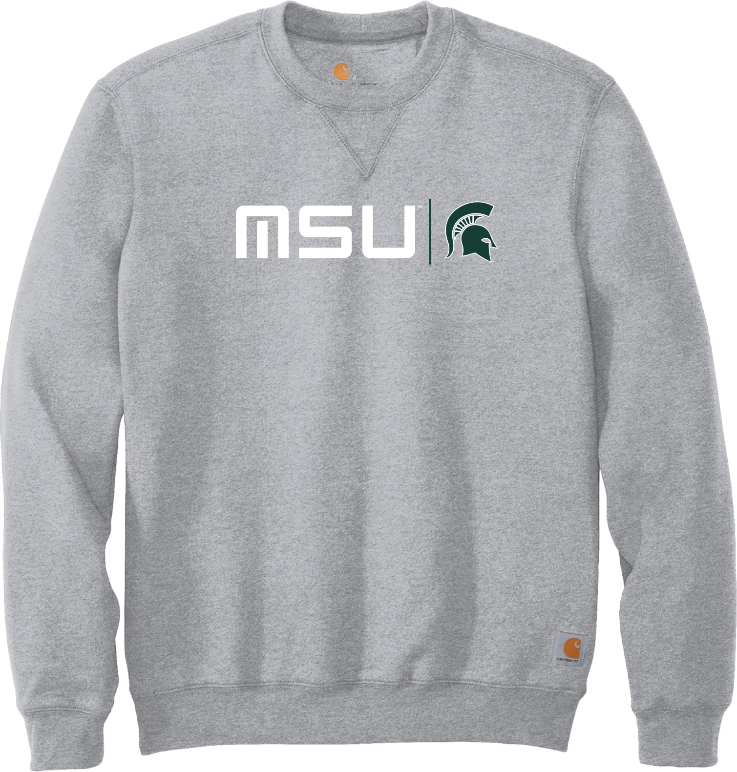 A gray crewneck sweatshirt with a white MSU wordmark and a green Spartan helmet logo on the chest.
