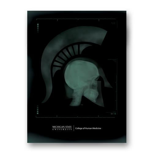 A head wearing a Spartan Helmet in an x-ray style graphic with the College of Human Medicine wordmark underneath.