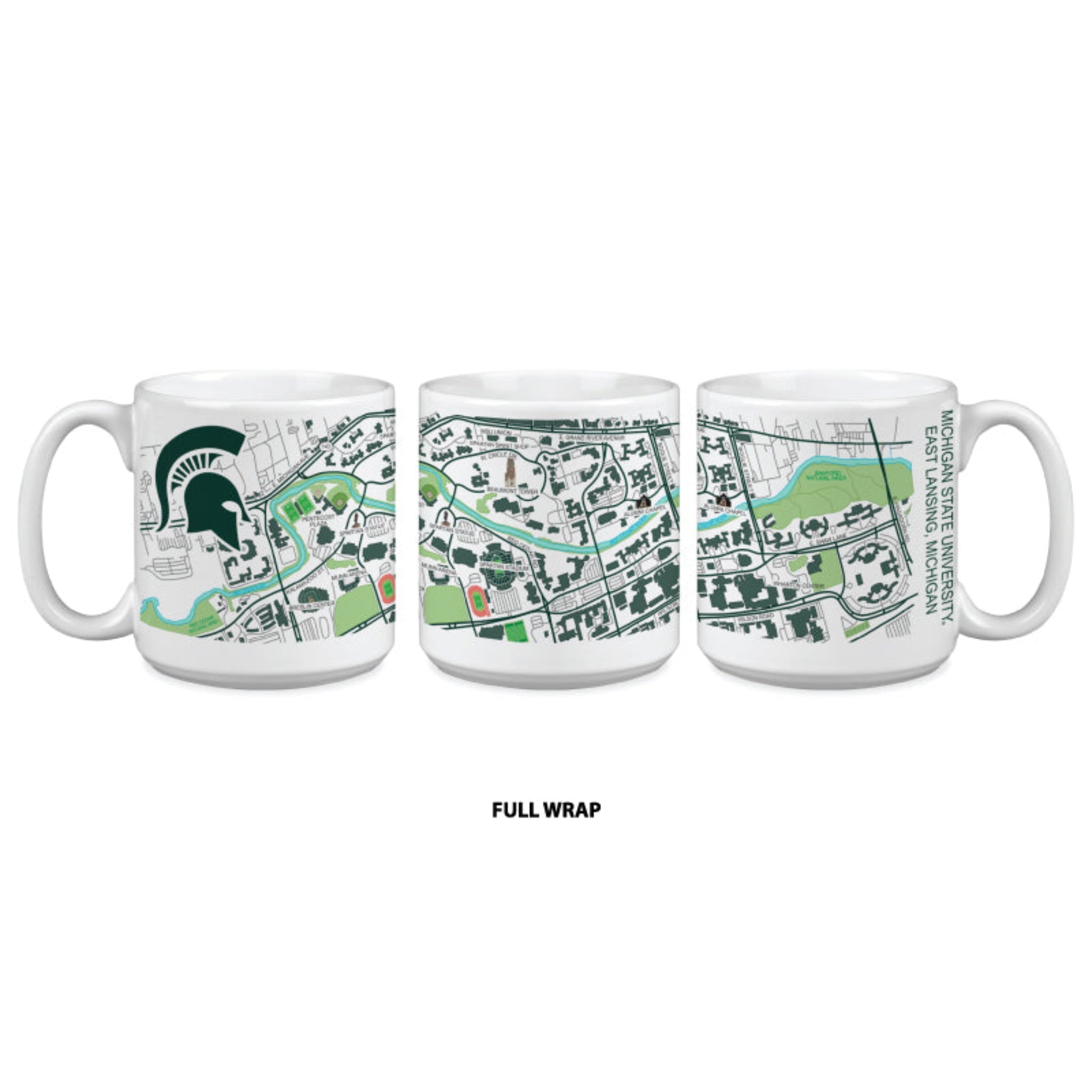 White ceramic mug with a wrap-around design featuring a detailed map of Michigan State University campus, including buildings, roads, and green spaces; Spartan helmet logo on one side and 'MICHIGAN STATE UNIVERSITY EAST LANSING MICHIGAN' text on the other.