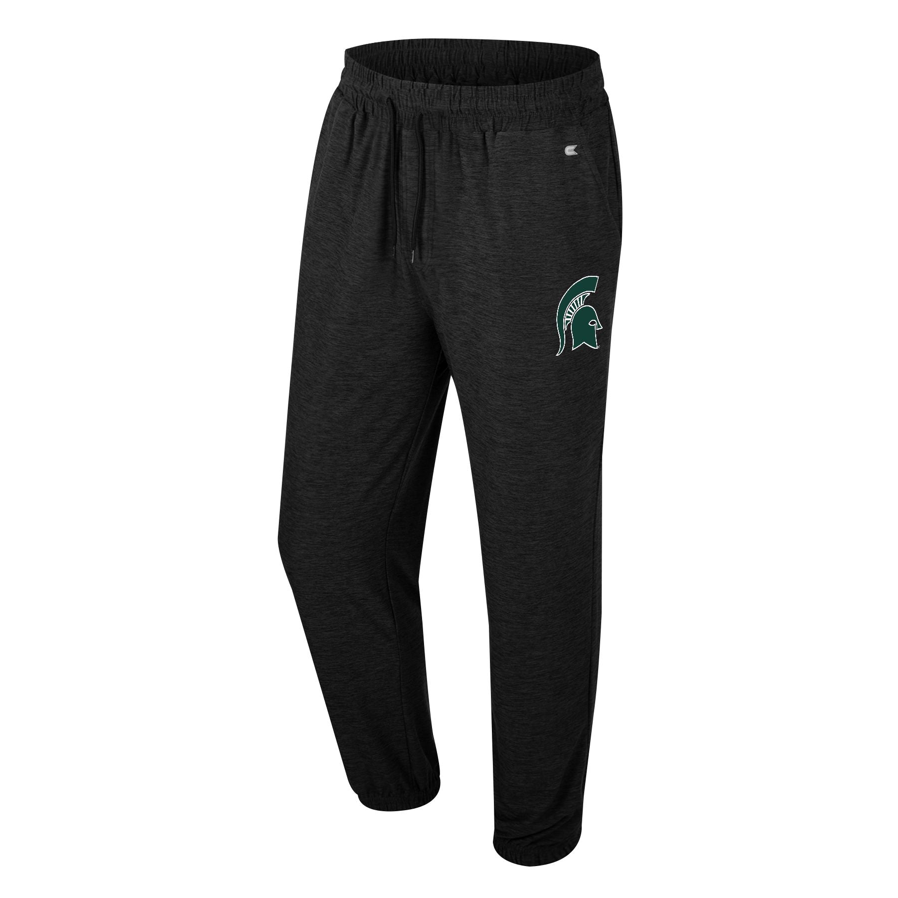 A dark gray pair of joggers with a green Spartan helmet on the left leg.