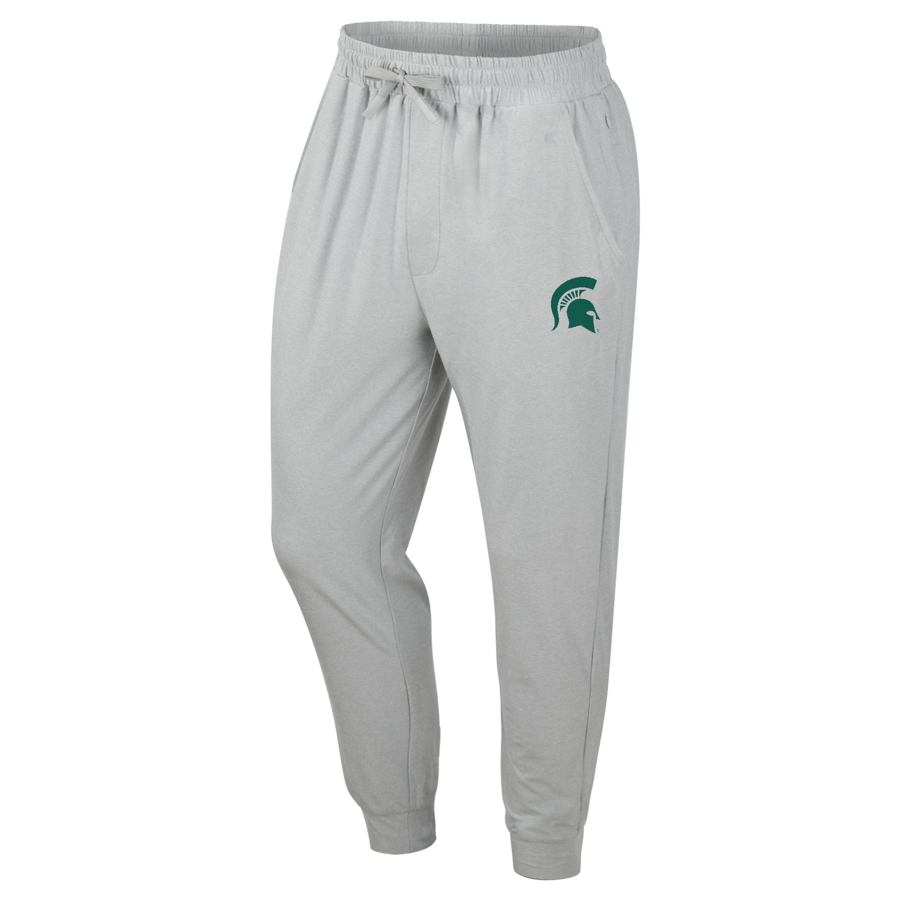 A gray pair of joggers with a green Spartan helmet on the left leg.