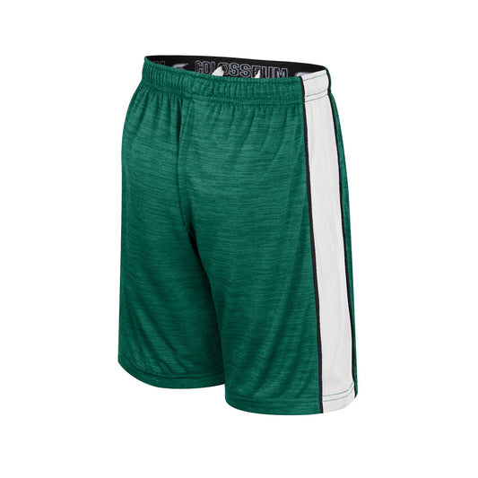 Back of a pair of green athletic shorts with white side panel.
