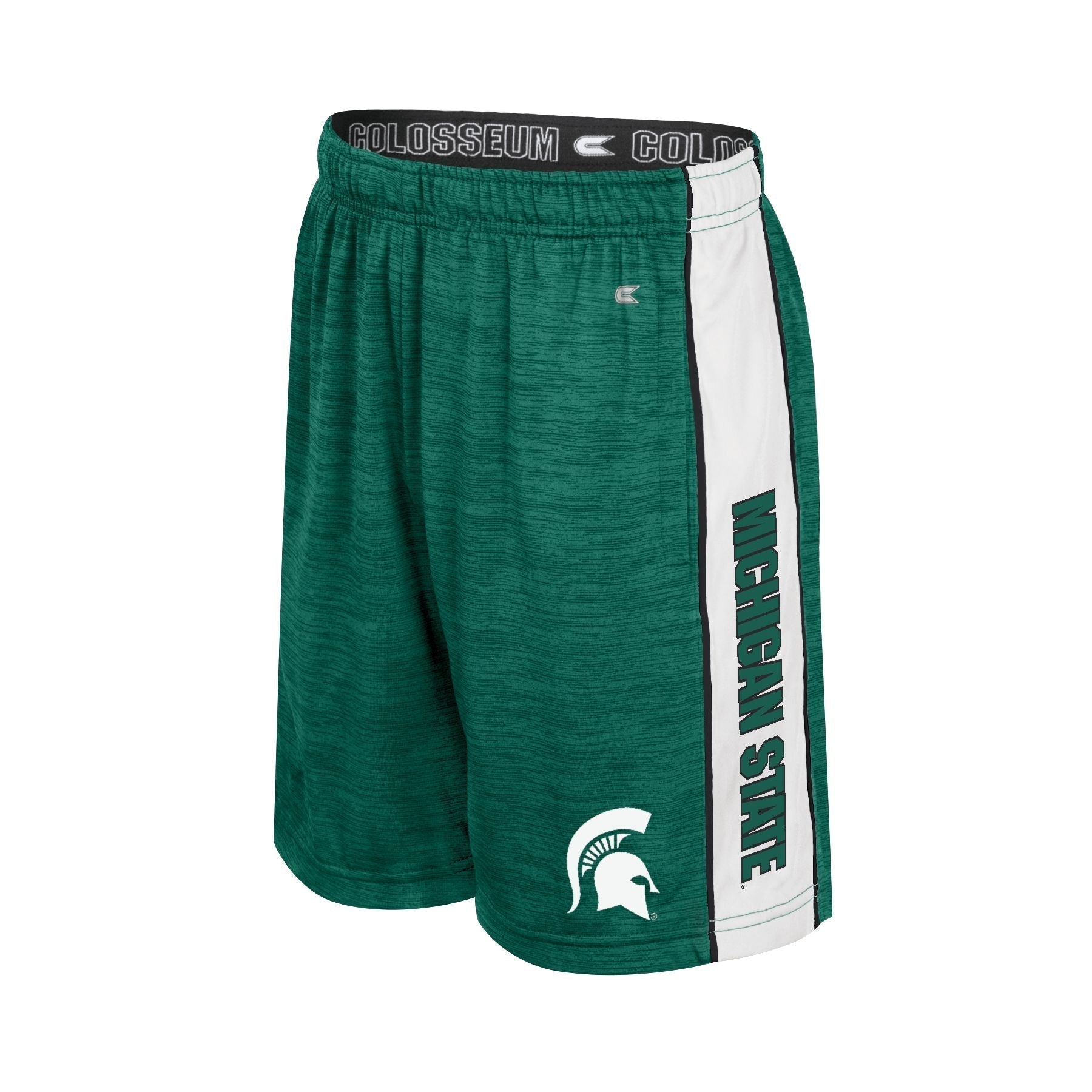 Green athletic shorts with white side panel, 'MICHIGAN STATE' text, and Spartan logo.