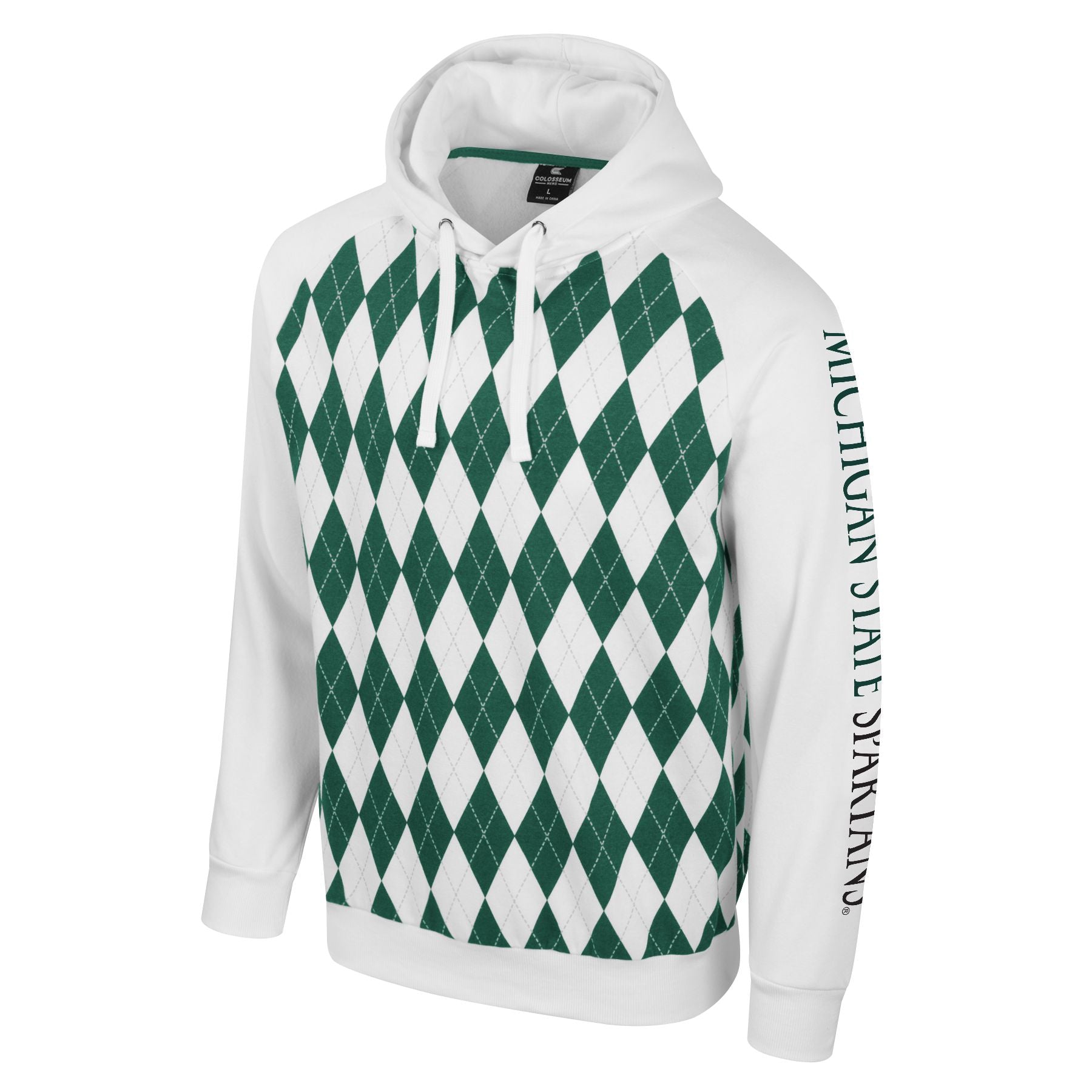 A white and green argyle hoodie that reads "Michigan State Spartans" along the left sleeve.
