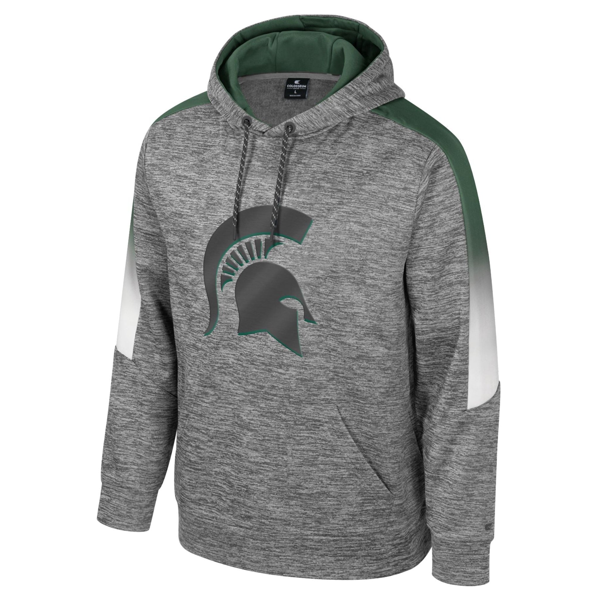 Gray hooded sweatshirt featuring a large Spartan helmet logo on the front, with green and white accents on the shoulders and sleeves, and a drawstring hood.
