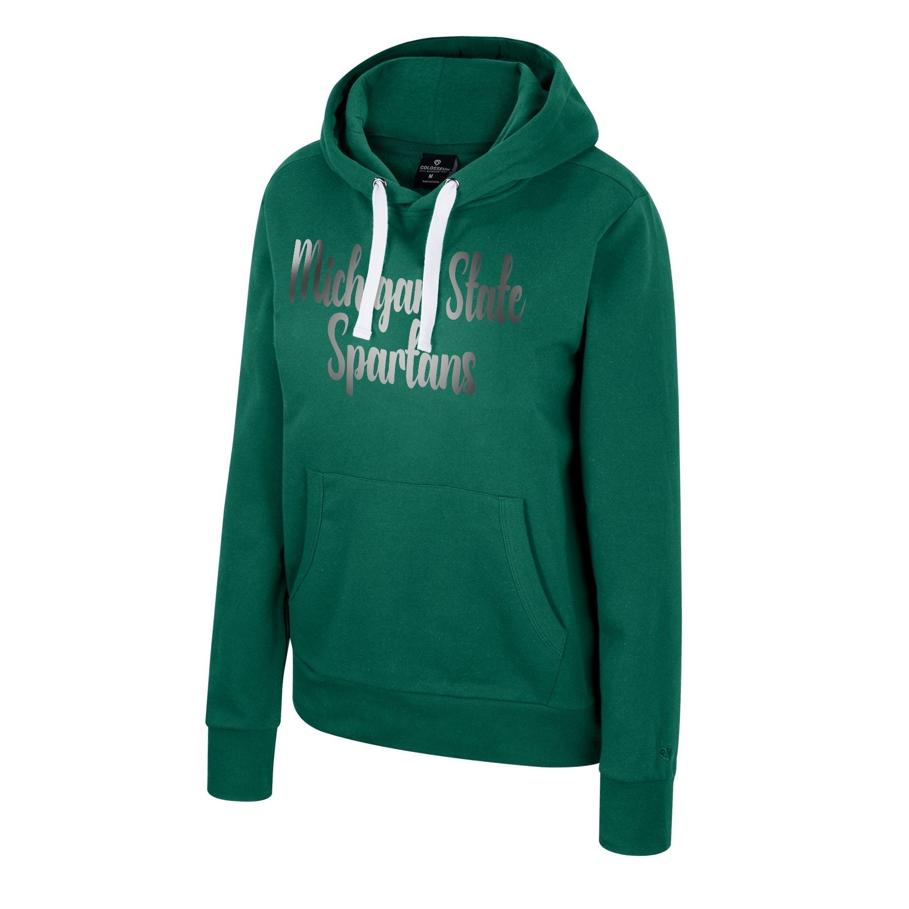 A green sweatshirt with a silver foil graphic that reads "Michigan State Spartans" on the chest.