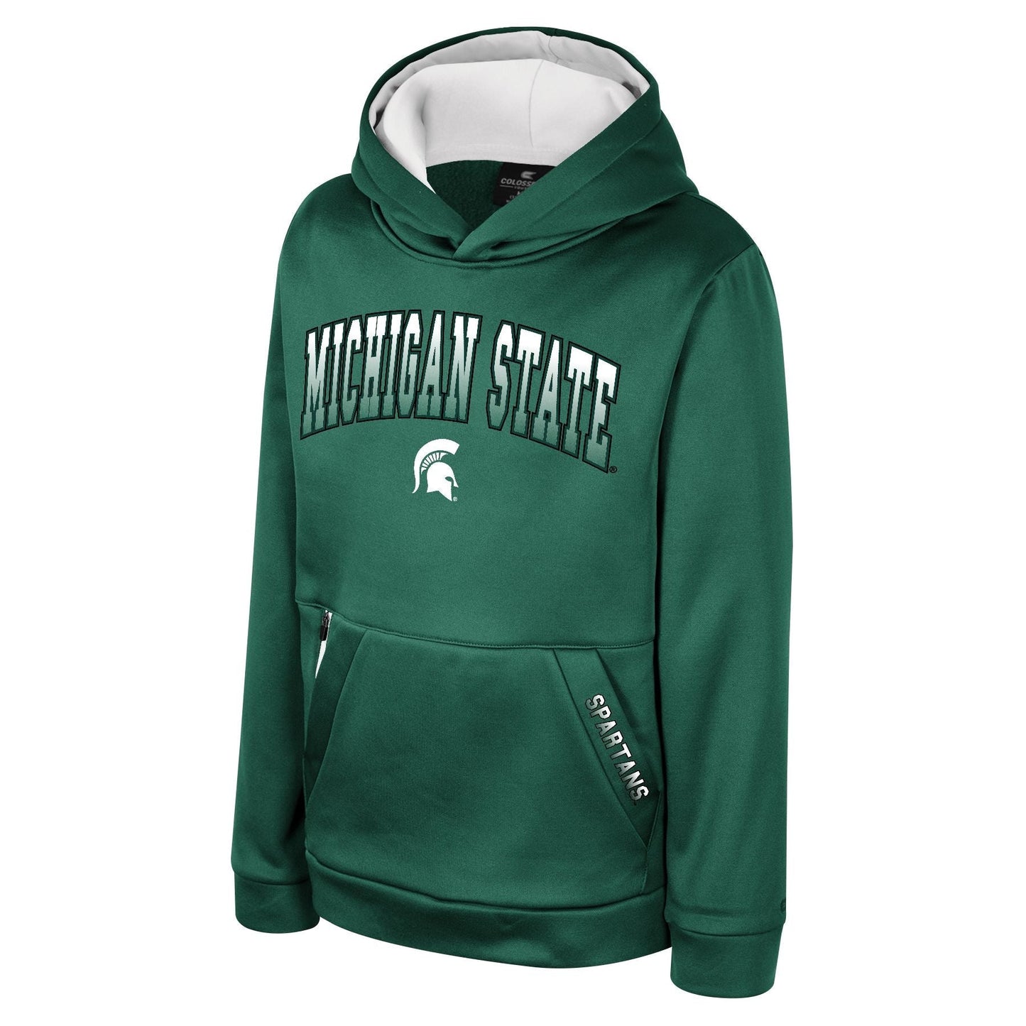 Green hoodie with white "Michigan State" text, Spartan Helmet logo, and "Spartans" on pocket.