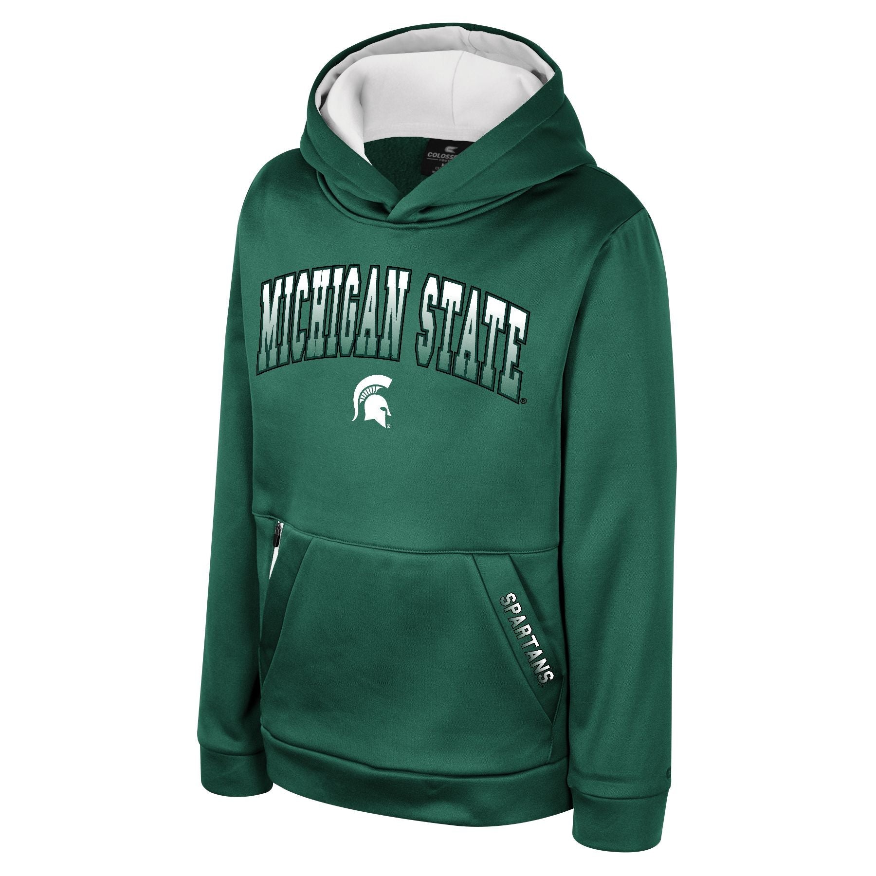 Green hoodie with white 'MICHIGAN STATE' text, Spartan helmet logo, and 'SPARTANS' on pocket.