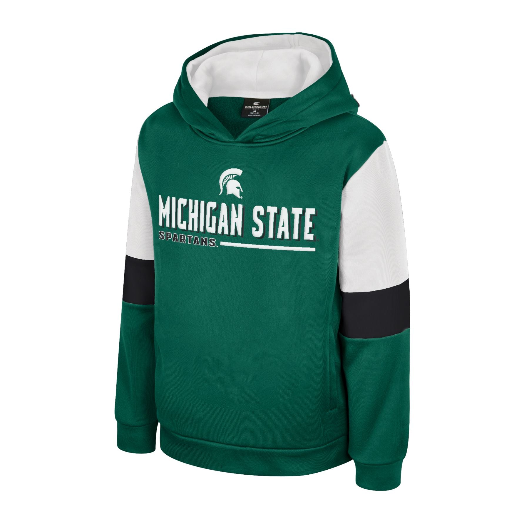 Green hoodie with 'MICHIGAN STATE' text, Spartan helmet logo, and 'SPARTANS' below. Sleeves are white, black, and green.