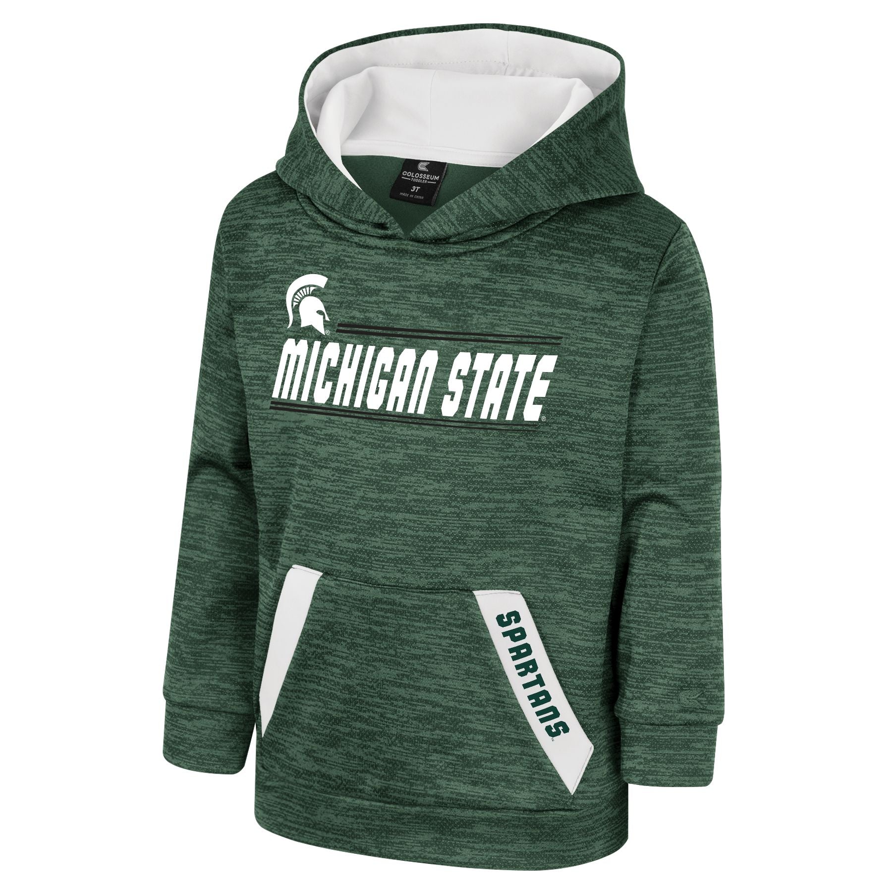 Green toddler hoodie with 'MICHIGAN STATE' text, Spartan logo, and 'SPARTANS' on the pocket.
