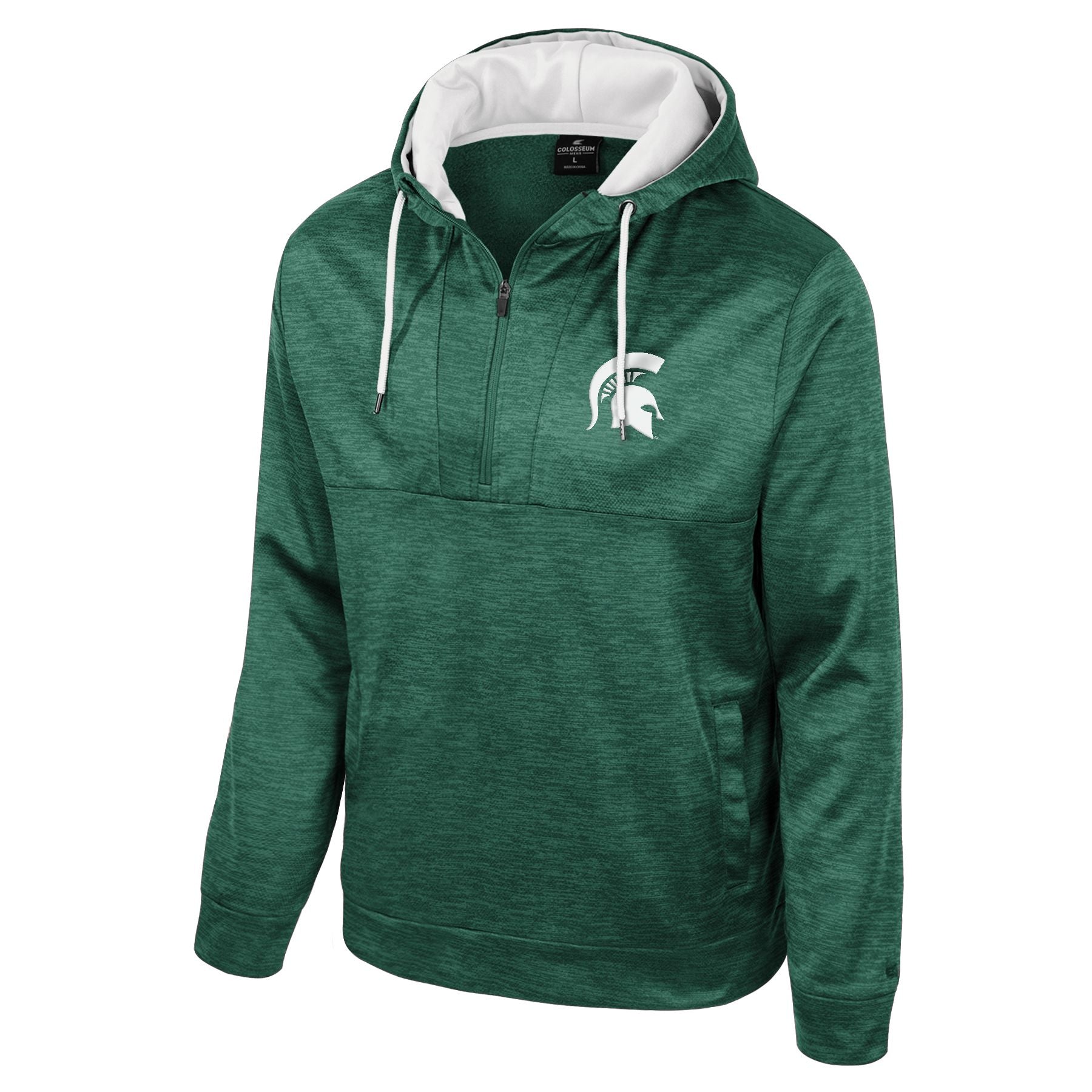 A green half-zip hoodie with a white Spartan helmet logo on the upper left chest.