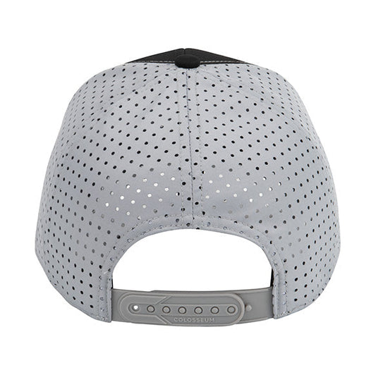The back of the cap, showcasing a gray mesh back with adjustable snapback and "Colosseum" on strap.