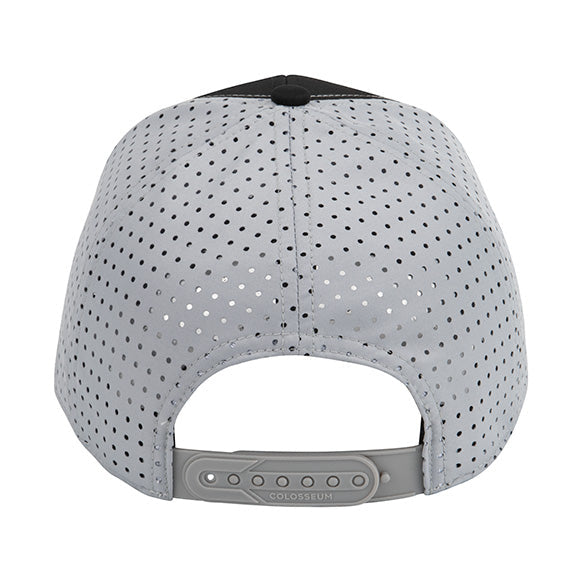 The back of the cap, showcasing a gray mesh back with adjustable snapback and 'COLOSSEUM' on strap.