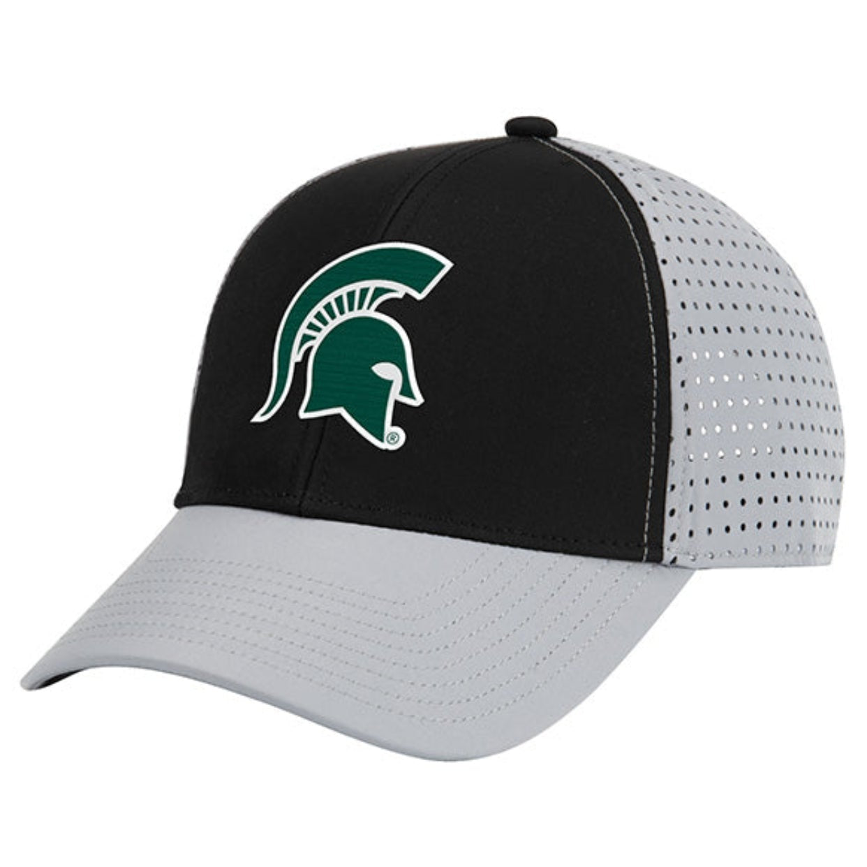A black MSU adjustable snapback cap with a mesh back panel and a green screen-printed Spartan Helmet logo on the front.