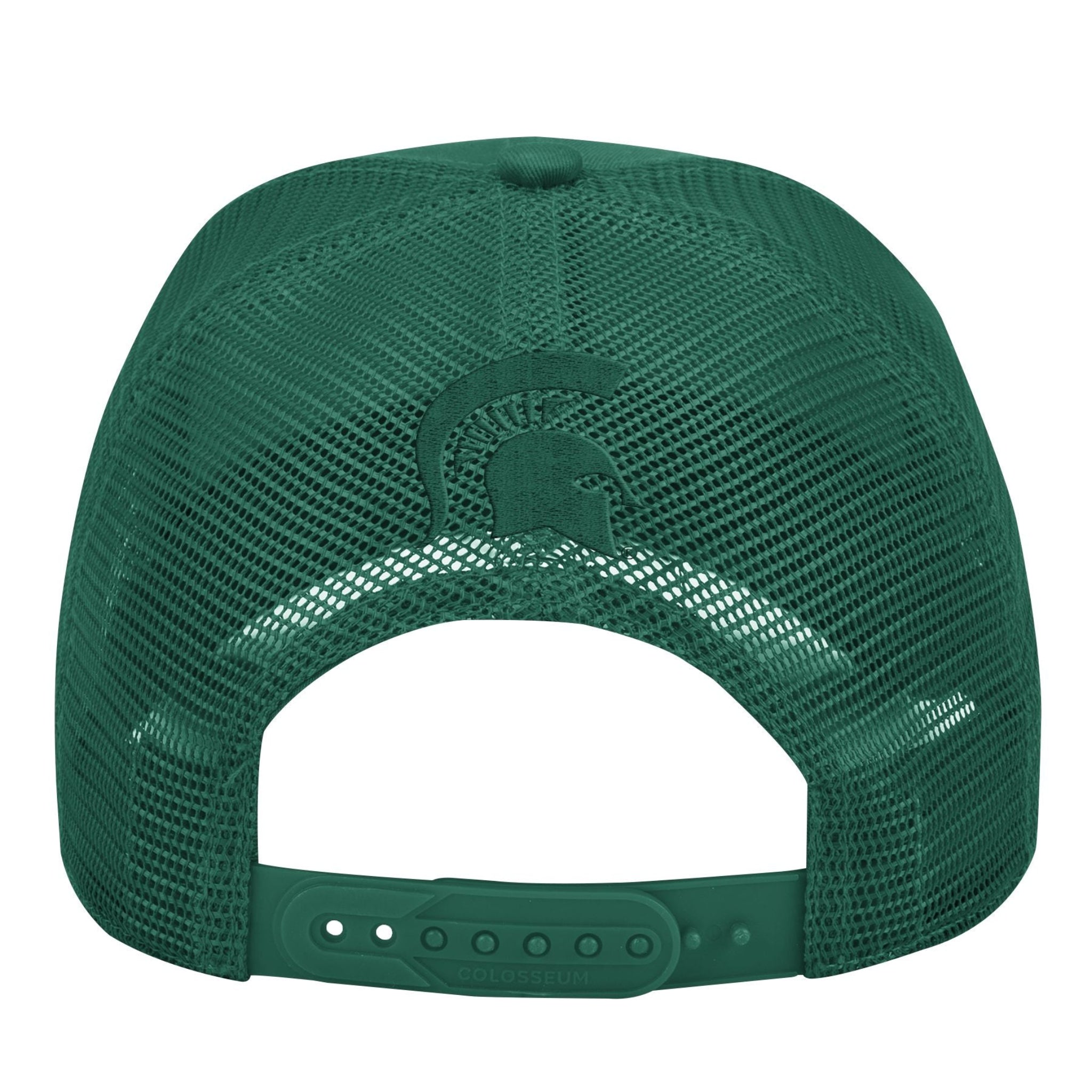 Back view of a green mesh baseball cap with an adjustable snapback closure, featuring a Spartan helmet logo on the mesh and 'COLOSSEUM' embossed on the closure.