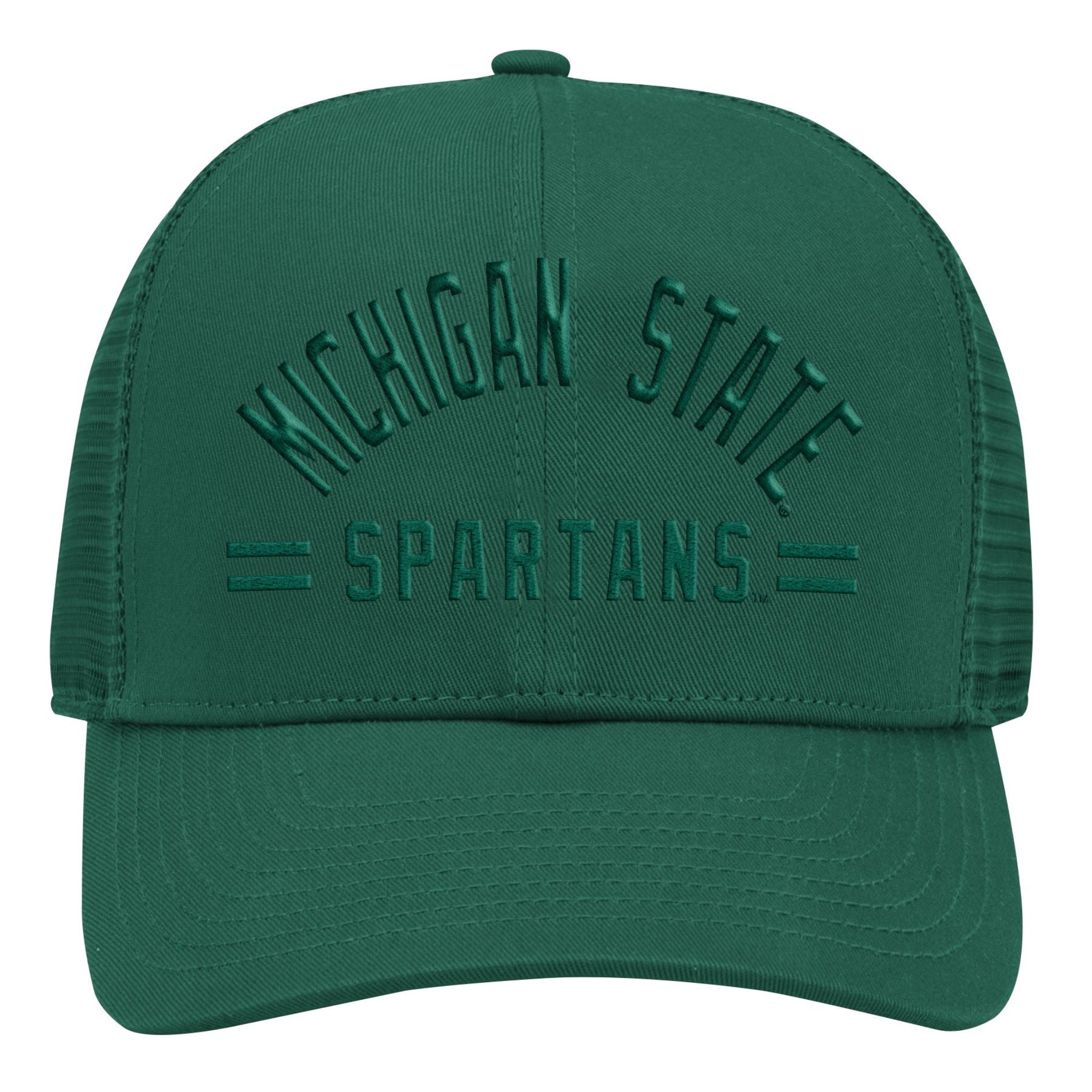 Green baseball cap with 'MICHIGAN STATE SPARTANS' embroidered on the front, featuring 'MICHIGAN STATE' arched above 'SPARTANS,' which is flanked by two horizontal lines.