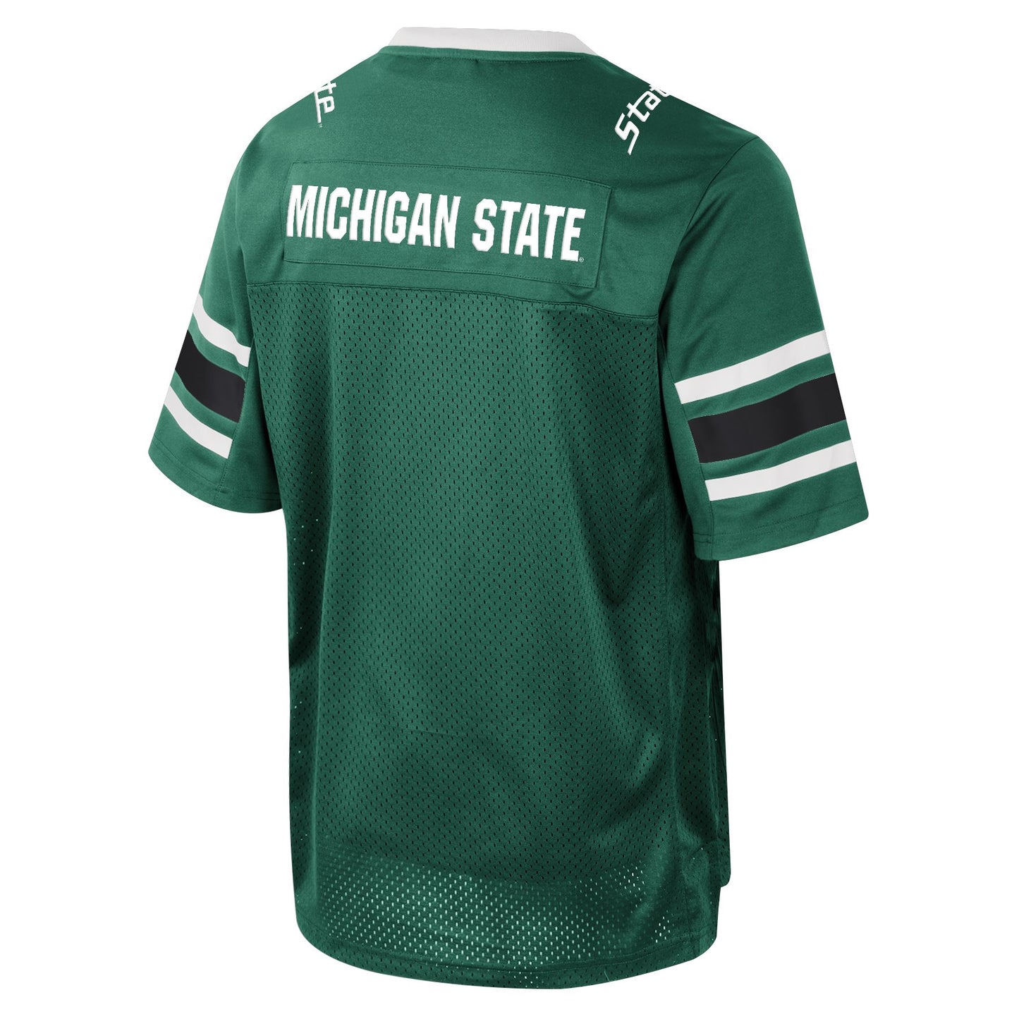 Back of a green and white football jersey with "Michigan State" printed in white on the upper back. On the sleeves there are two white stripes with a thicker black stripe in between them.