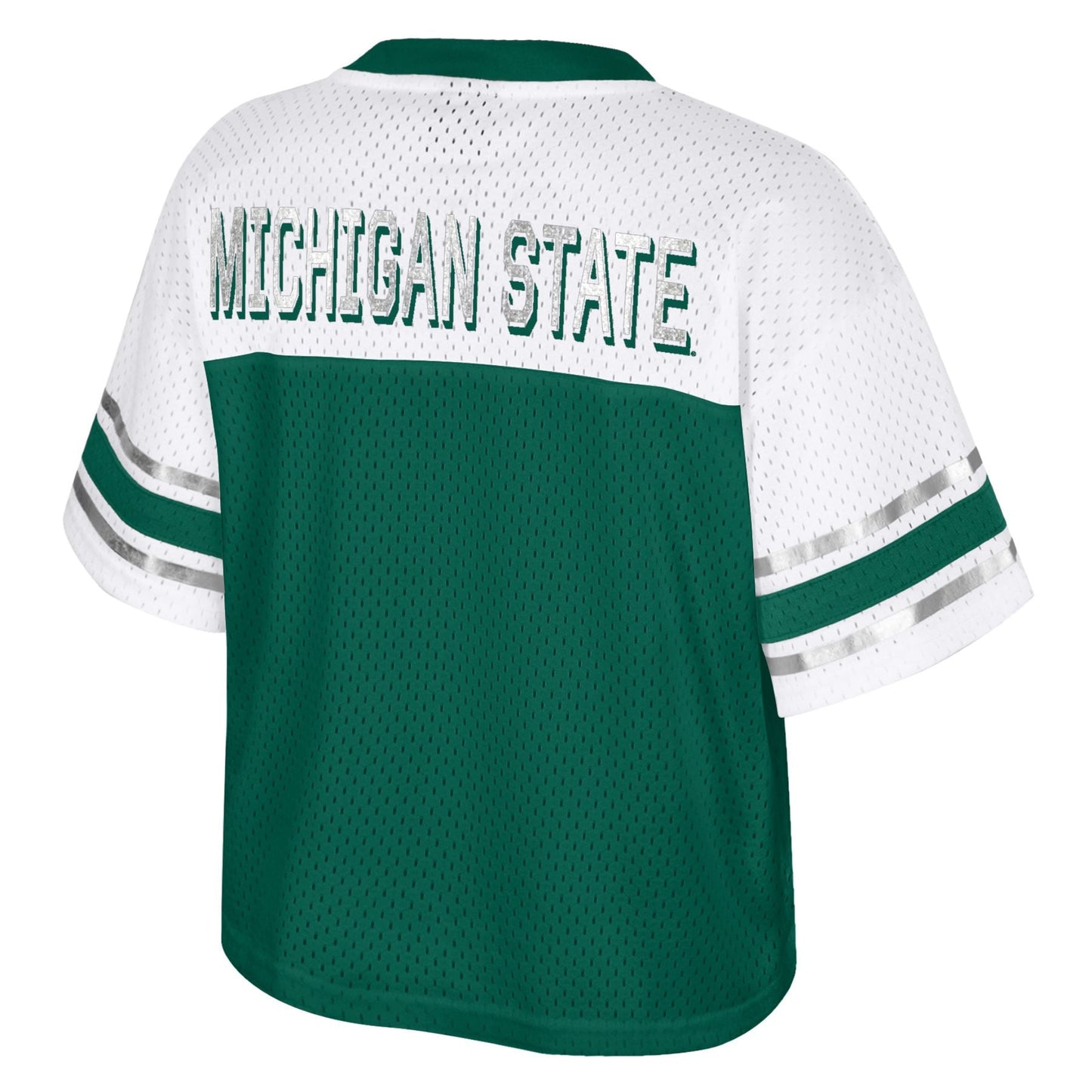 Back view of a green sports jersey with white sleeves and a white upper back section, featuring 'MICHIGAN STATE' text across the upper back and two green stripes bordered by silver lines on each sleeve.