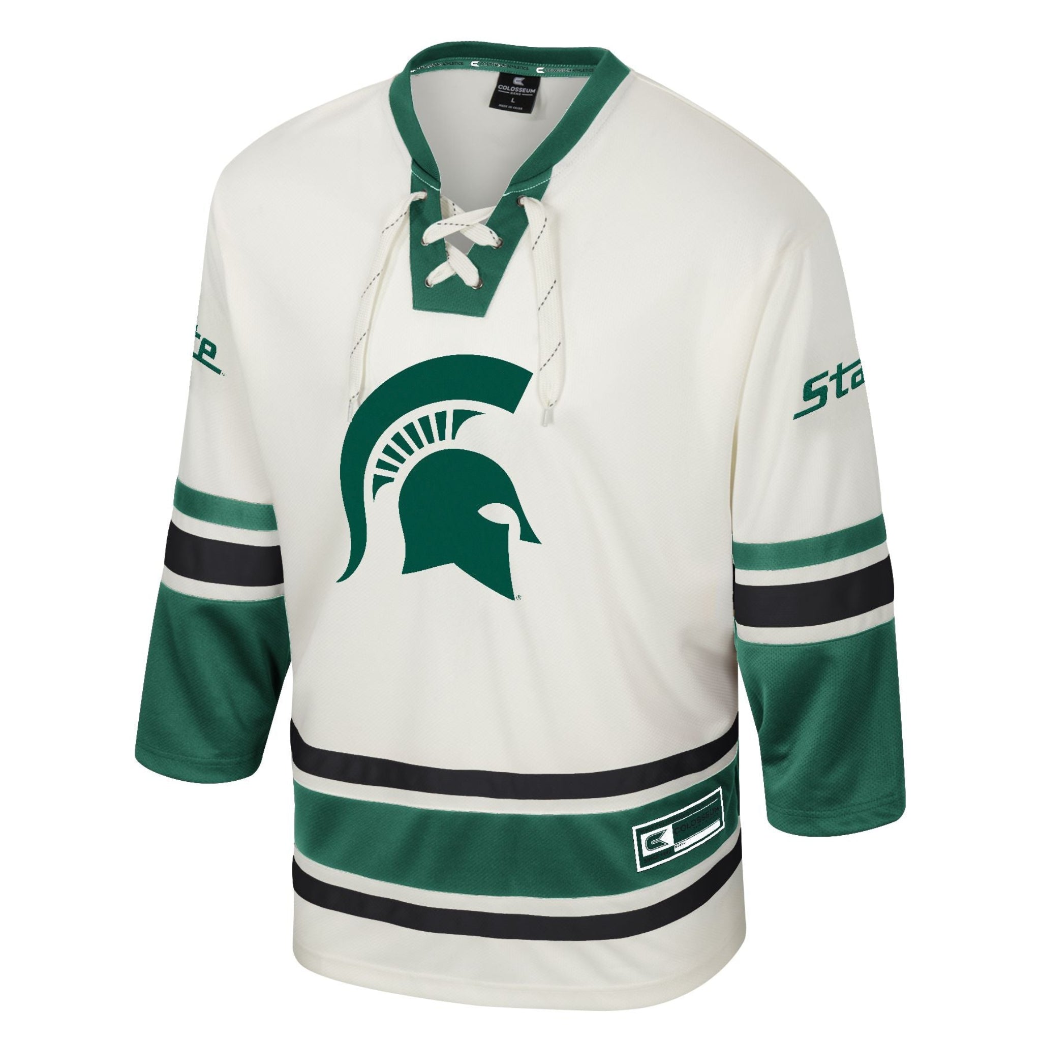 Off white hockey jersey with green and black accents, featuring a green Spartan helmet logo on the front, green 'State' text on both sleeves, striped sleeves, and lace-up collar.