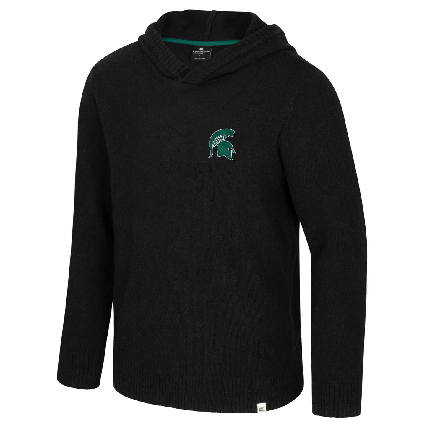 Premium knit black hoodie with a green embroidered Spartan Helmet logo on the left upper chest.