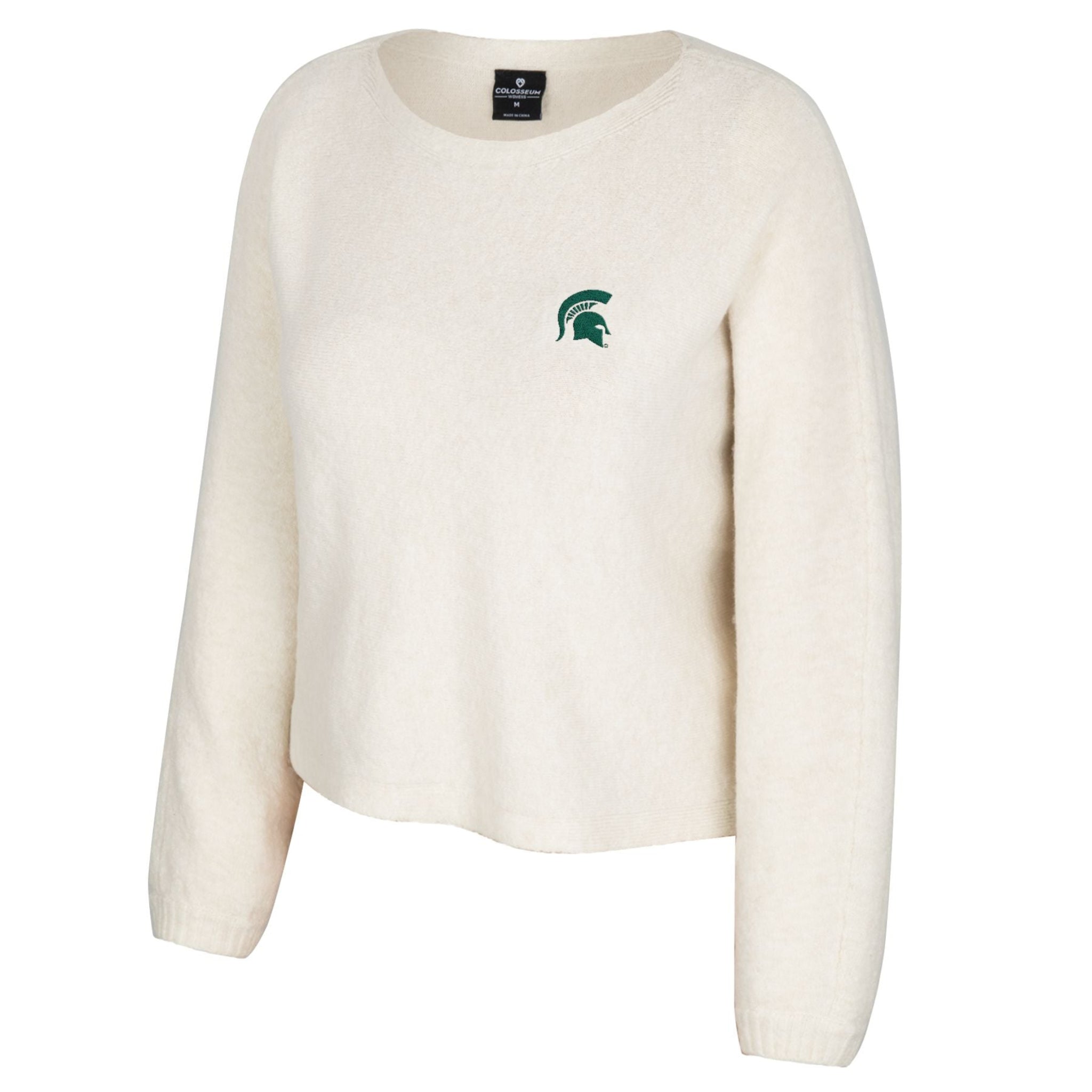 Cream color crewneck sweater with a green embroidered Spartan helmet logo on the upper left chest.