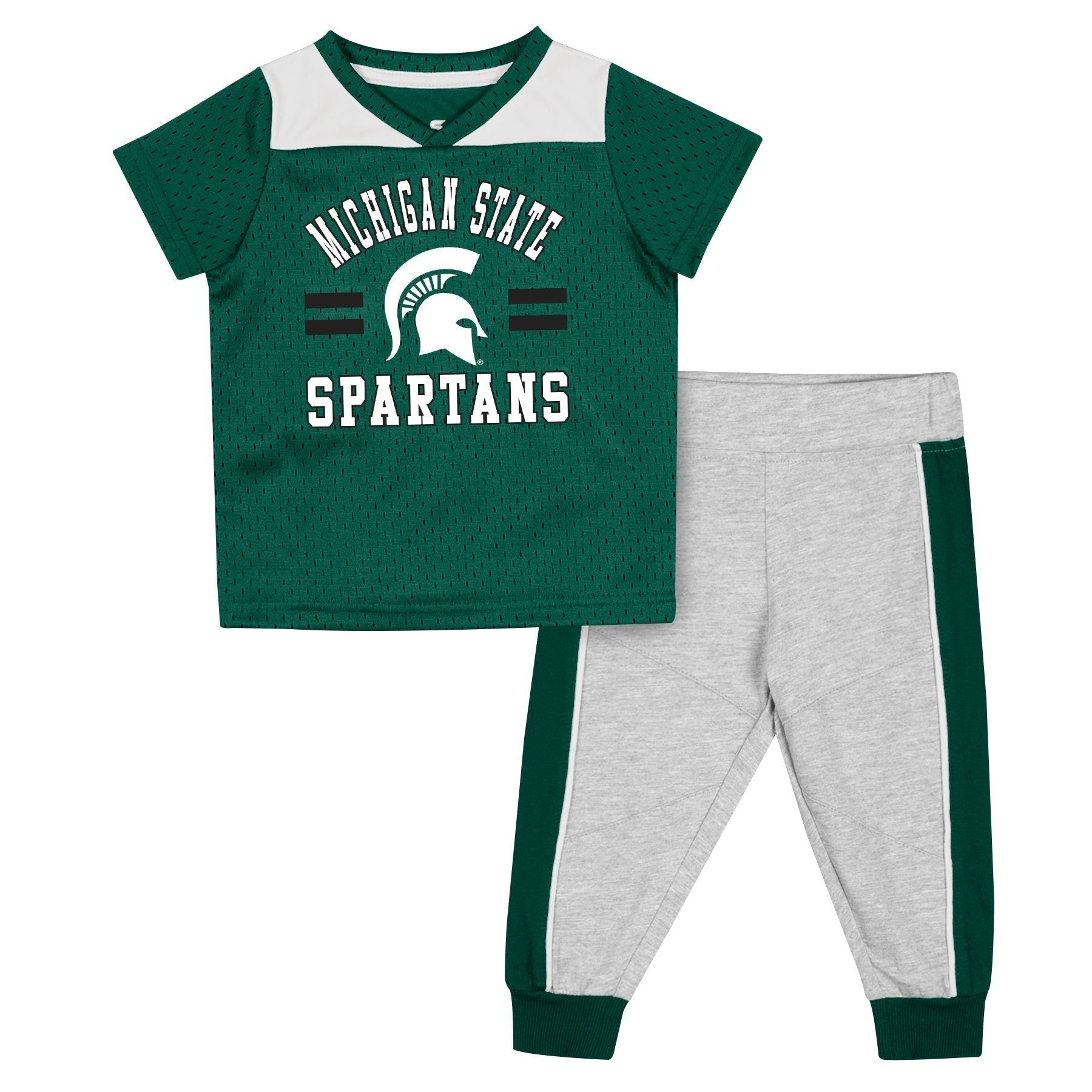 Toddler outfit with green 'MICHIGAN STATE SPARTANS' top and gray pants with green panels.