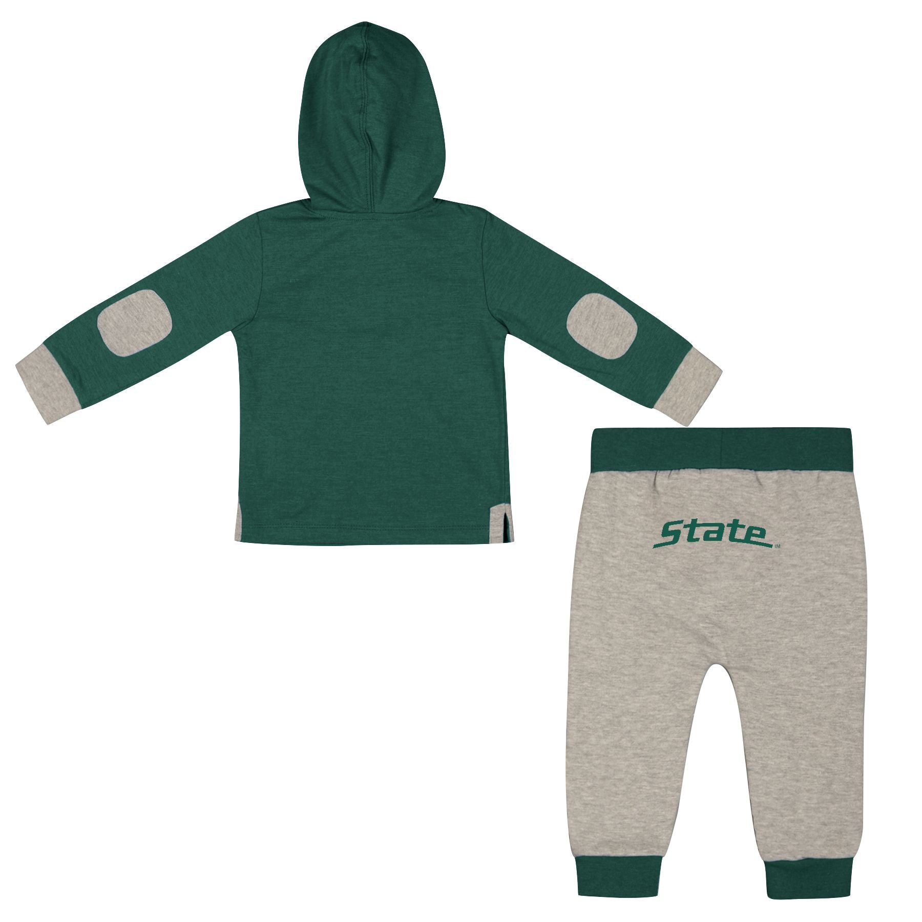 Green toddler hoodie with Spartan helmet and gray pants with green waistband and cuffs.