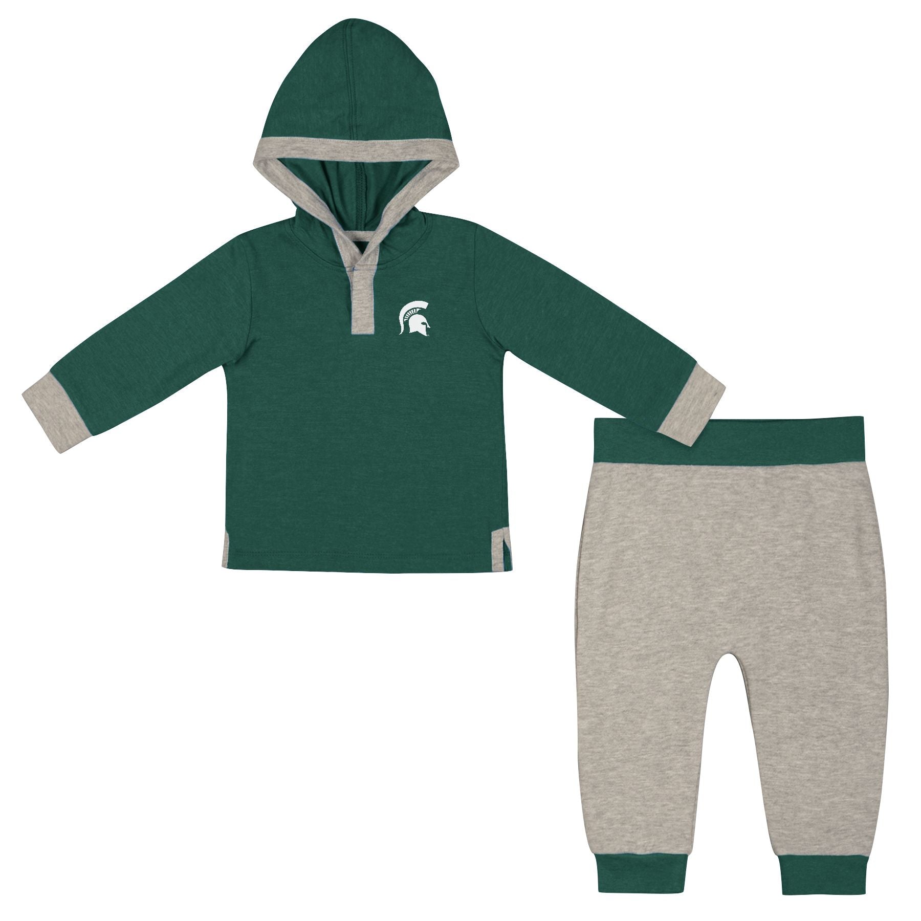 Green toddler hoodie with Spartan helmet and gray pants with green waistband and cuffs.