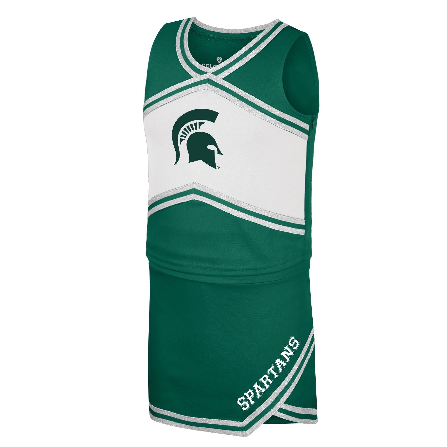 Green and white Michigan State youth cheer uniform with a green Spartan helmet logo in the center of the top and a white diagonal 'Spartans' wordmark on the bottom left side of the skirt.