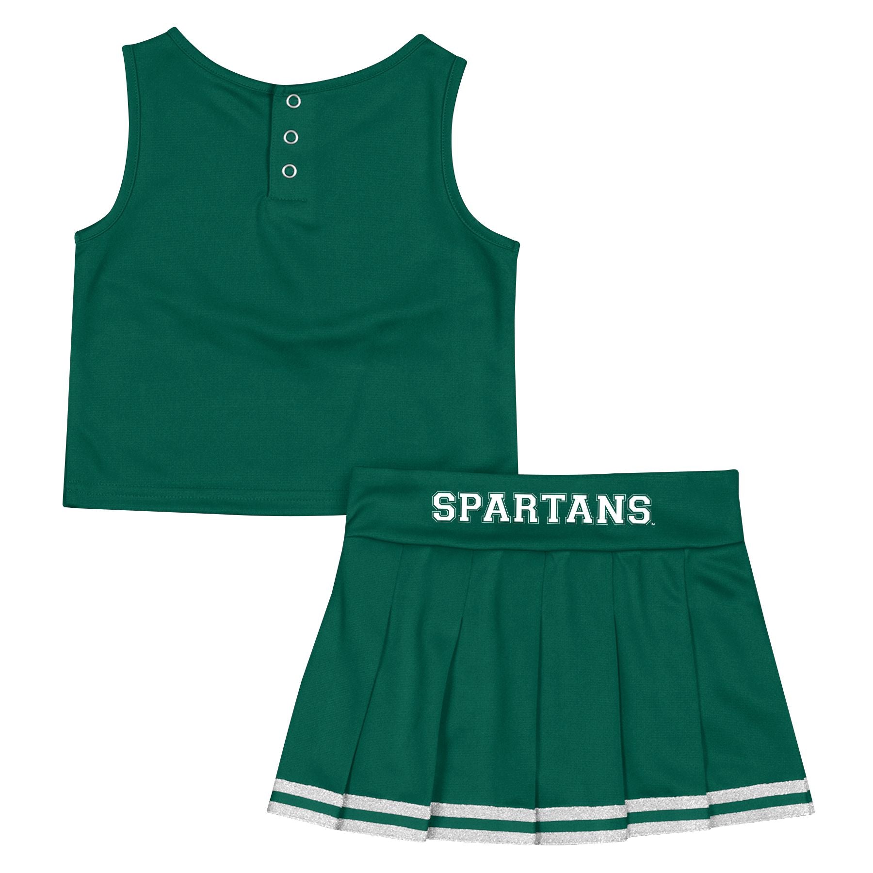 Back of a green and white cheer outfit with Spartan helmet logo, pleated skirt, and silver accents.