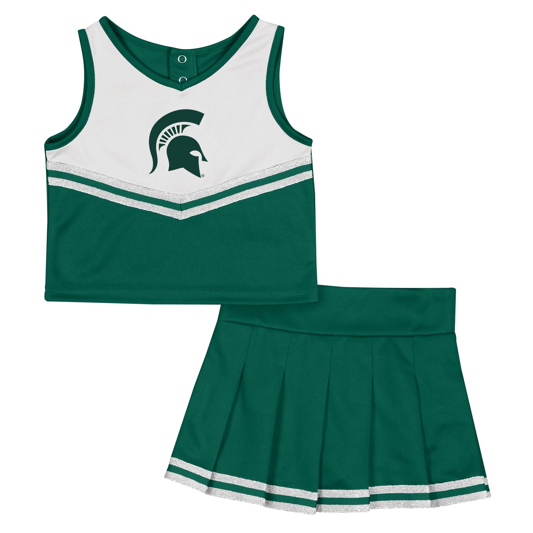 Green and white cheer outfit with Spartan helmet logo, pleated skirt, and silver accents.