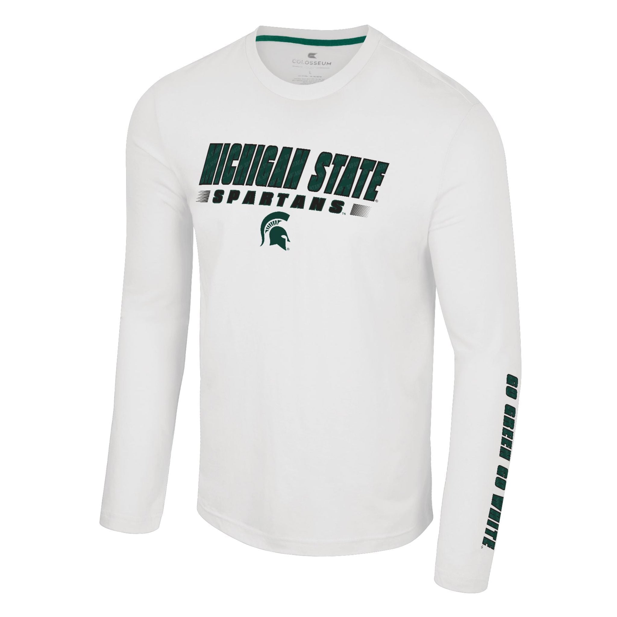 A white long sleeve t-shirt with Michigan State Spartans and a Spartan helmet logo on the chest in green. The sleeve reads "Go Green Go White."
