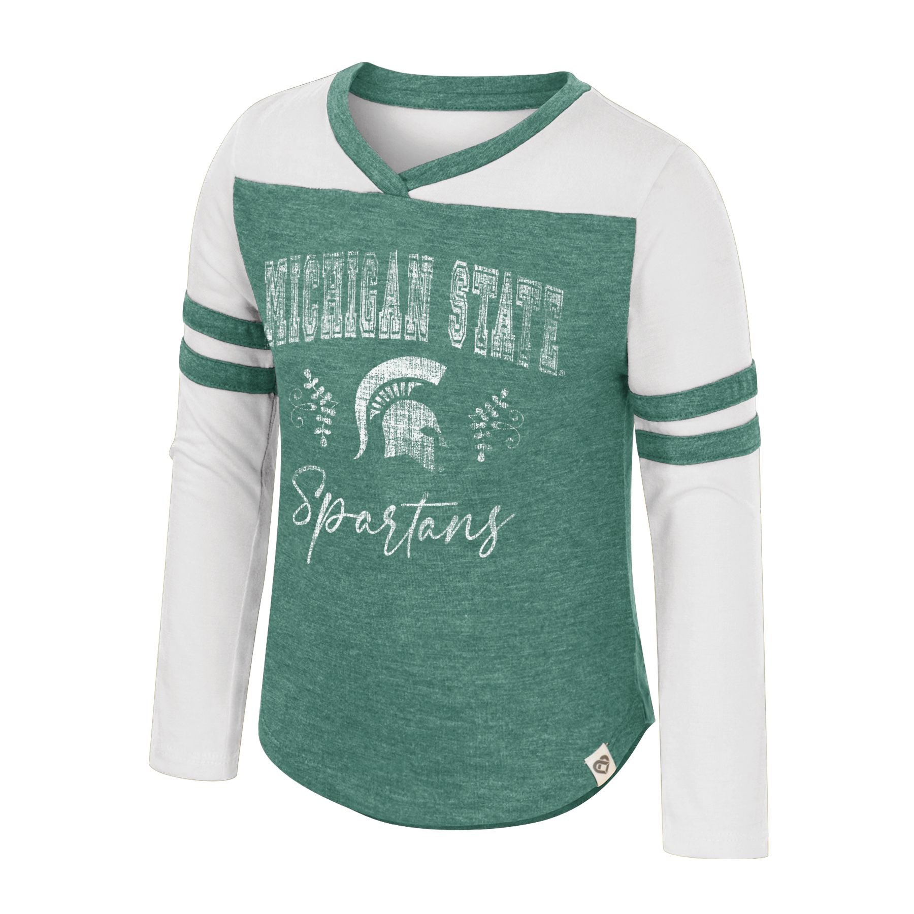 Green and white long-sleeve shirt with 'MICHIGAN STATE Spartans' text and helmet logo.