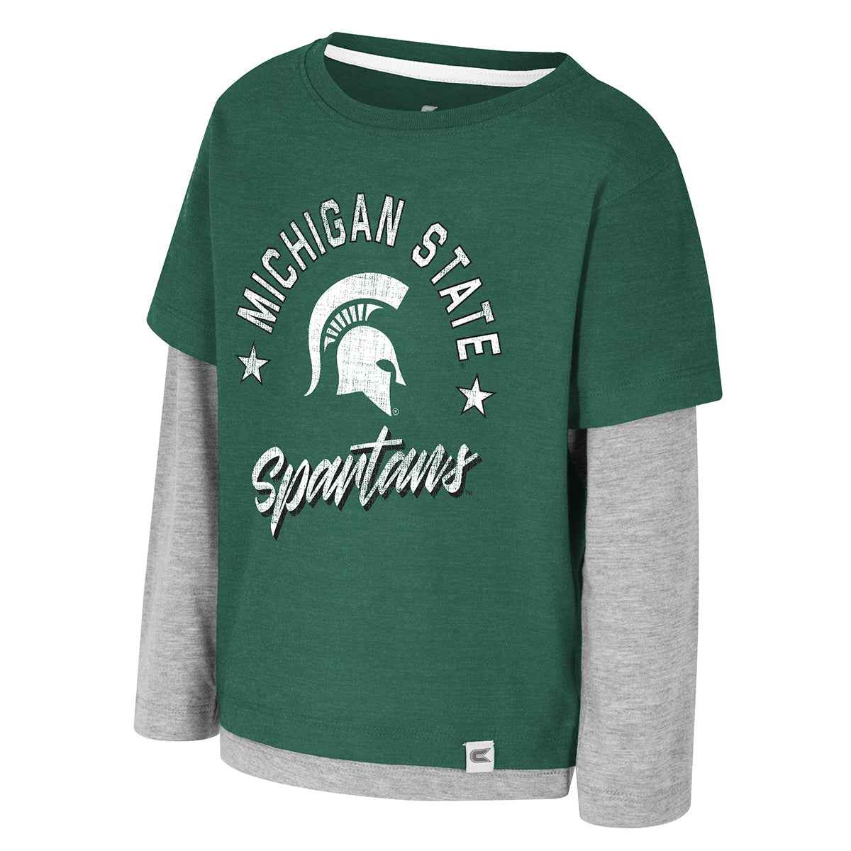 Green long-sleeve shirt with 'MICHIGAN STATE' text, Spartan helmet, stars, and 'Spartans' script.