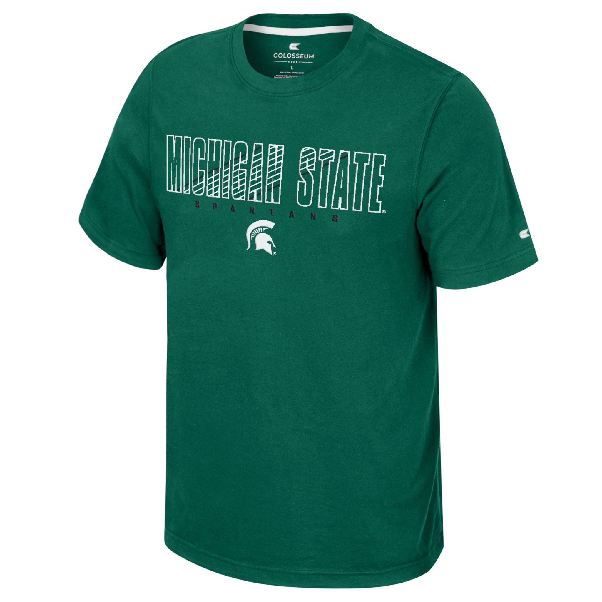 A green short sleeved t-shirt with "Michigan State Spartans" on the chest in a white with black and white stripes. Below the text is a white Spartan helmet logo.
