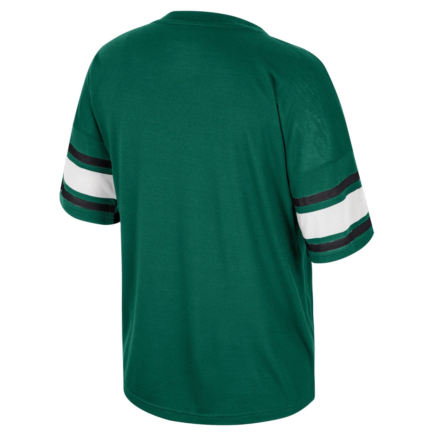 The back of a green T-shirt with white and black bands on the sleeves.