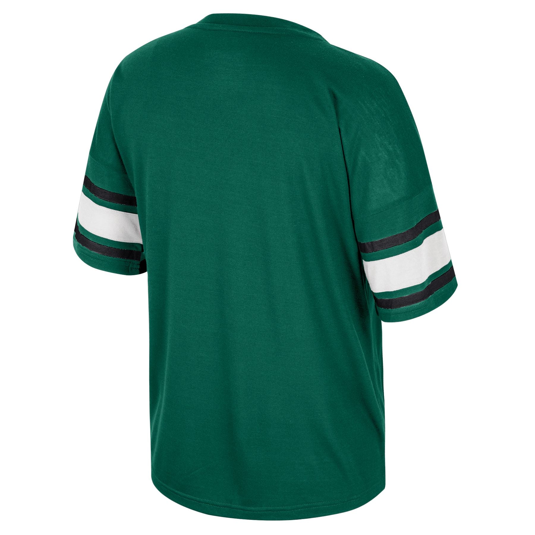 The back of a green t-shirt with white and black bands on the sleeves.