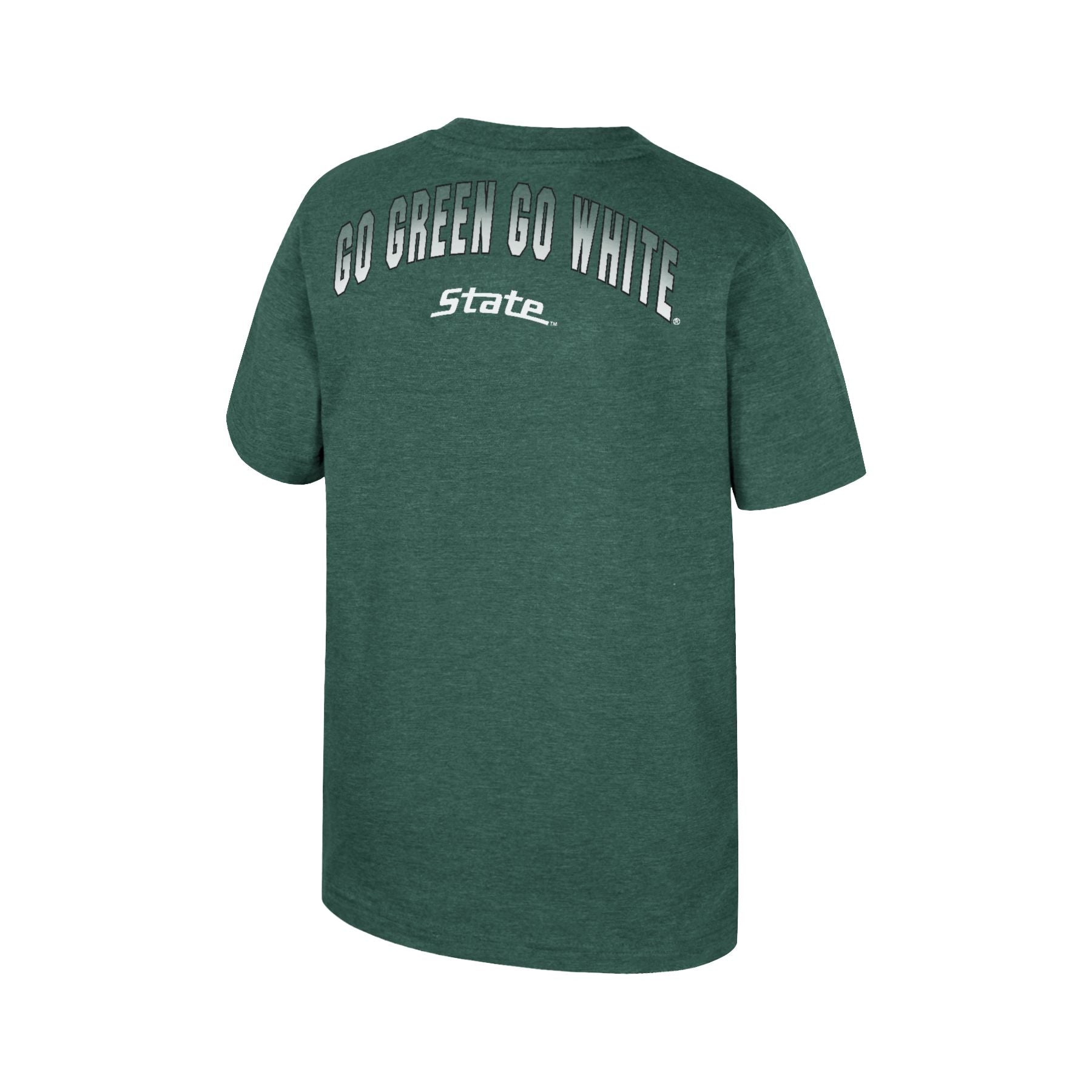 Back of a green t-shirt that reads "GO GREEN GO WHITE" and "STATE."