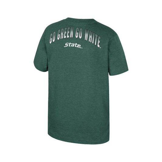Back of a green t-shirt that reads "GO GREEN GO WHITE" and "STATE."