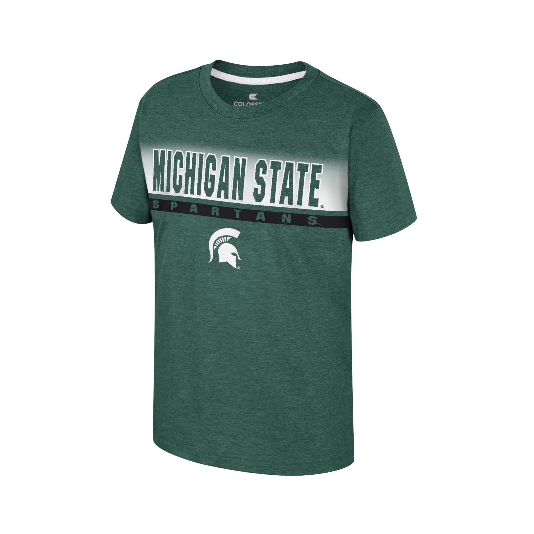 Green T-shirt with 'MICHIGAN STATE' text, 'SPARTANS' text, and Spartan helmet logo.