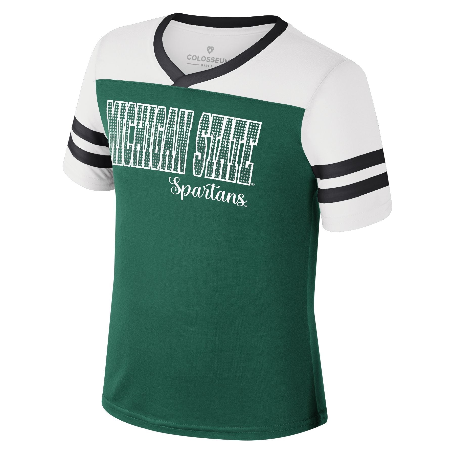 Green and white short-sleeve shirt with 'MICHIGAN STATE Spartans' text and black sleeve stripes.