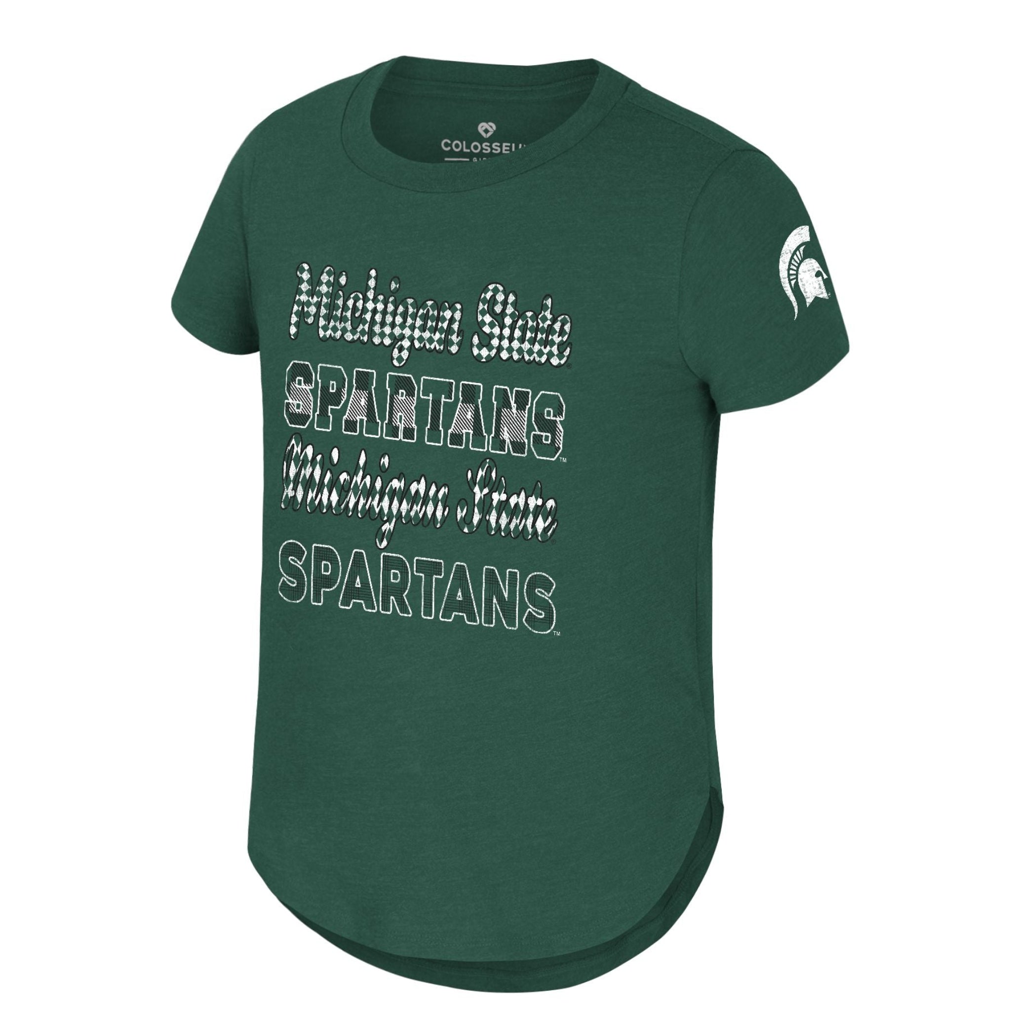 Green t-shirt featuring the text 'Michigan State SPARTANS Michigan State SPARTANS' in mixed cursive and bold fonts, with a Spartan helmet logo on the left sleeve.