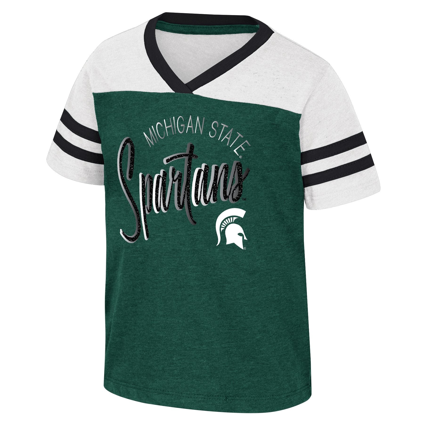 Green and white V-neck T-shirt with 'MICHIGAN STATE Spartans' text and helmet logo.