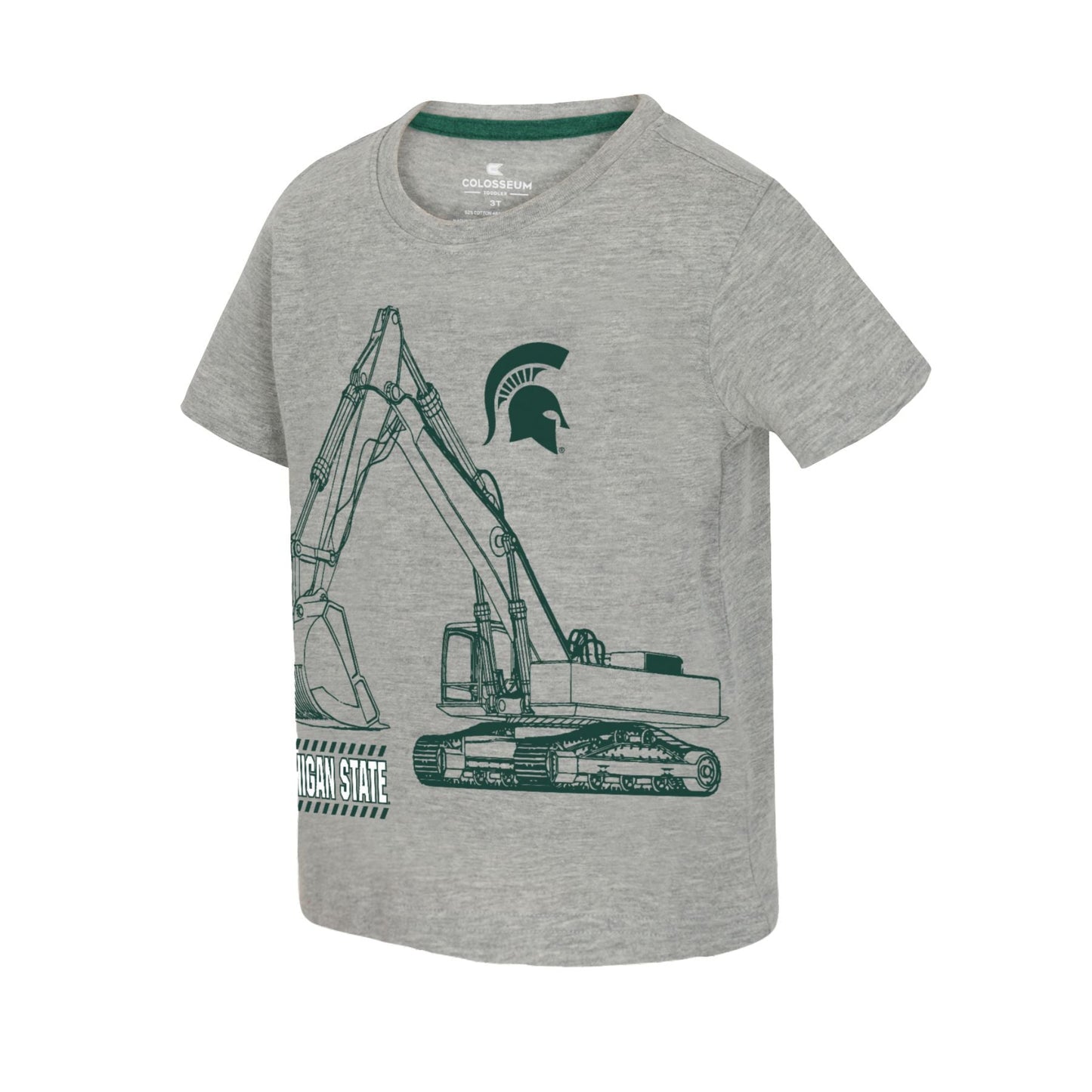 Gray t-shirt featuring a graphic of an excavator alongside the Michigan State University logo, with the text 'MICHIGAN STATE' printed below.