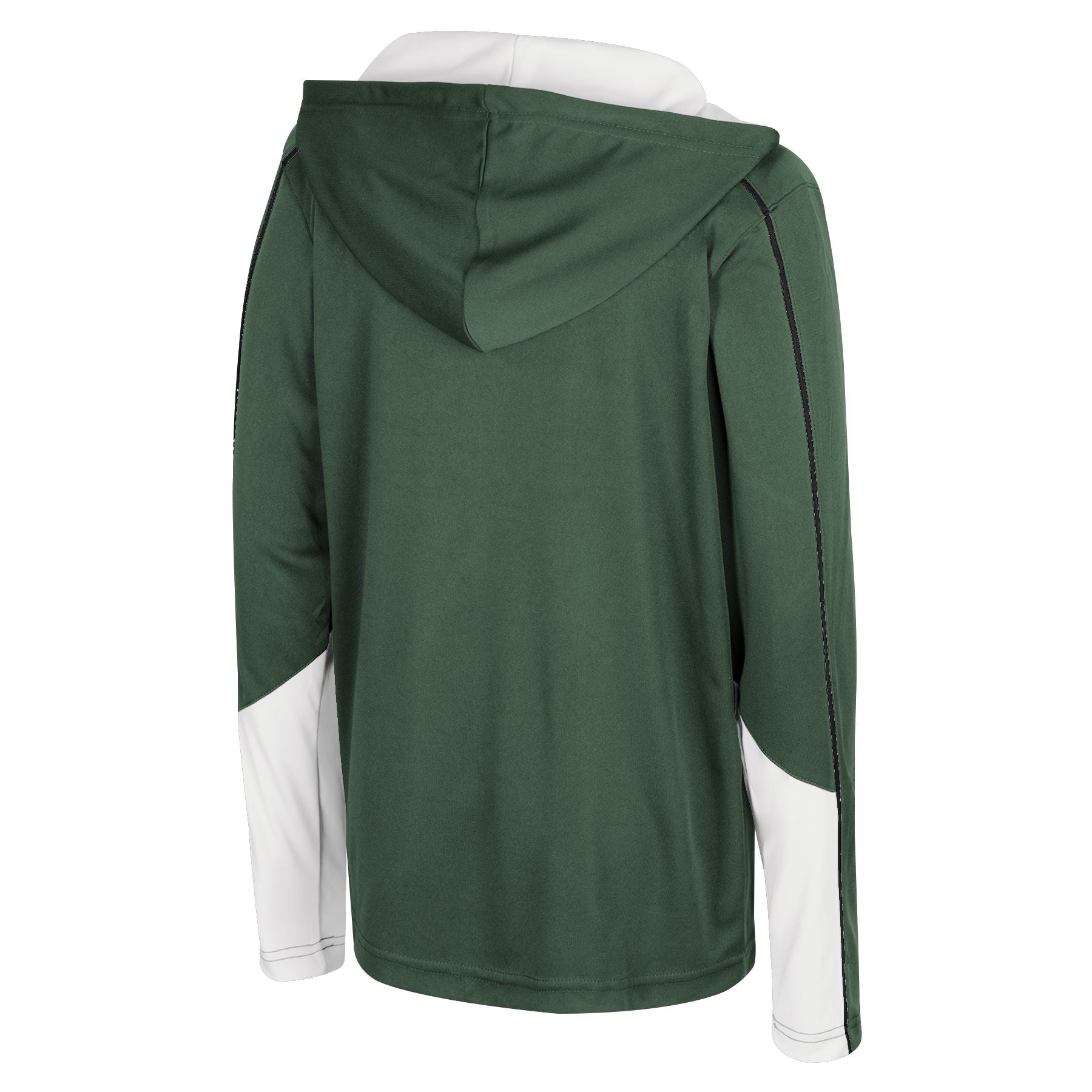 Back of a green and white quarter-zip hoodie with Spartan helmet logo and 'MICHIGAN STATE' on sleeve.