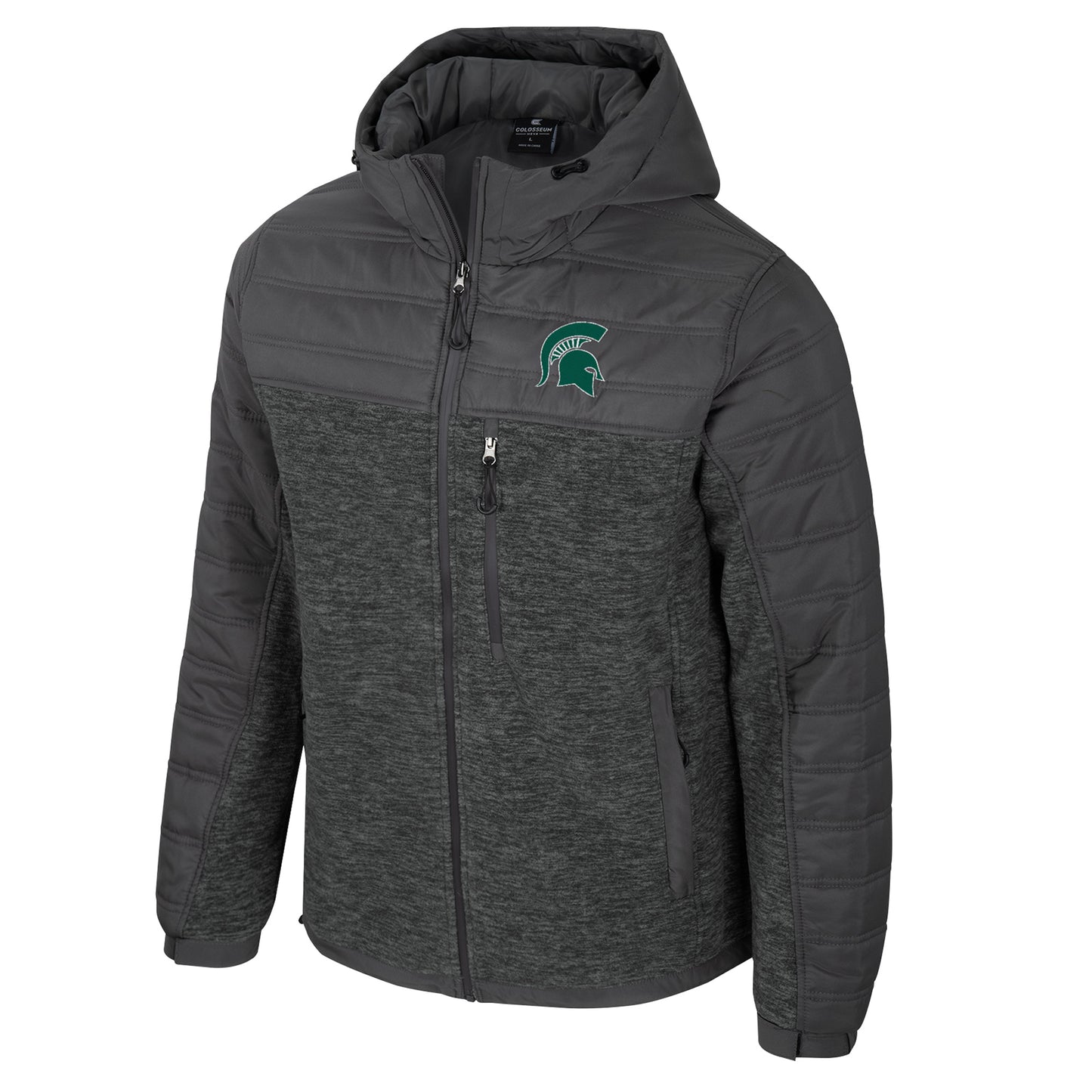 Gray full-zip hooded insulated jacket with a zipper pocket on the left chest, two pockets at the bottom on either side, and a green embroidered Spartan Helmet logo on the left upper chest.