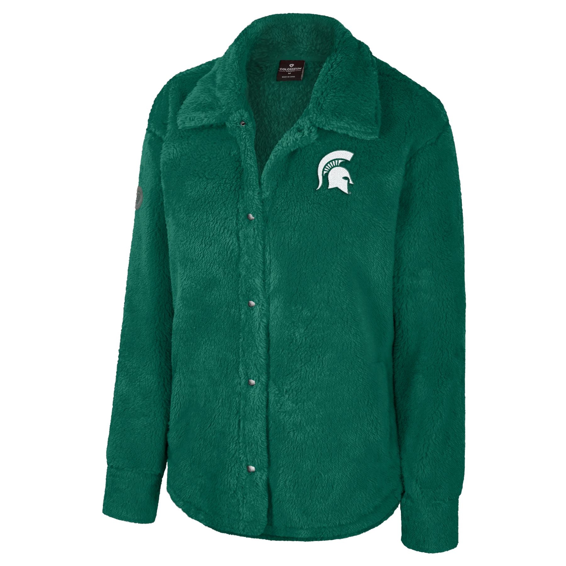 A green sherpa button-up with an embroidered white Spartan helmet logo in the upper left chest.